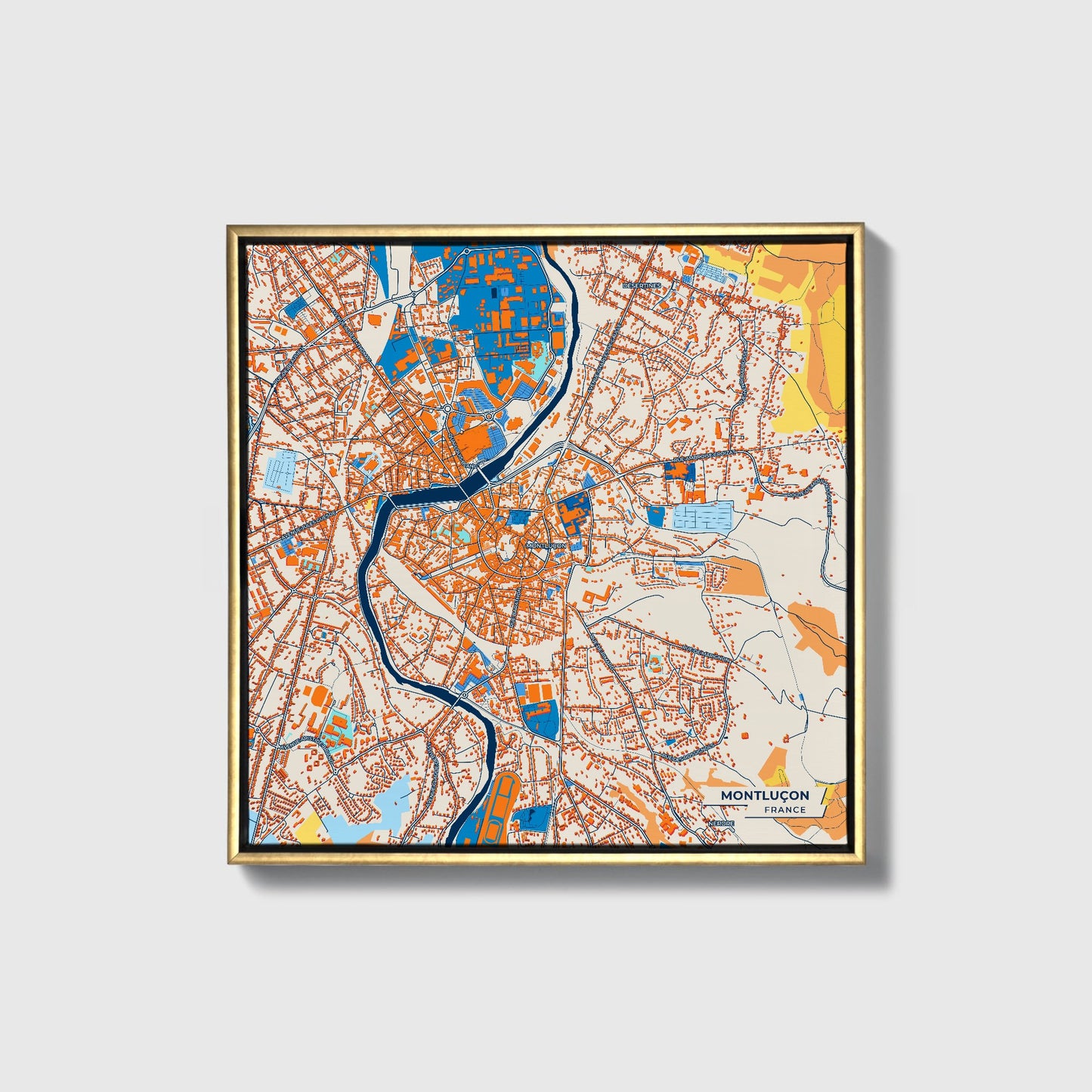Montluçon France Colorful City Map Canvas Print • Gold Framed