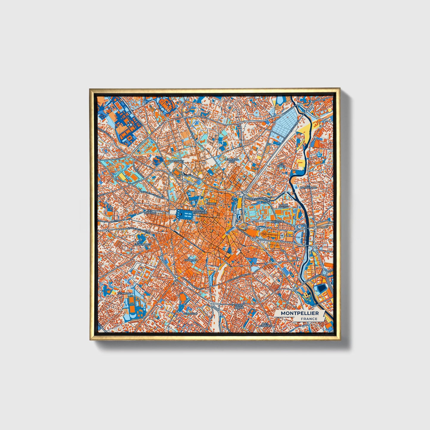 Montpellier France Colorful City Map Canvas Print • Gold Framed
