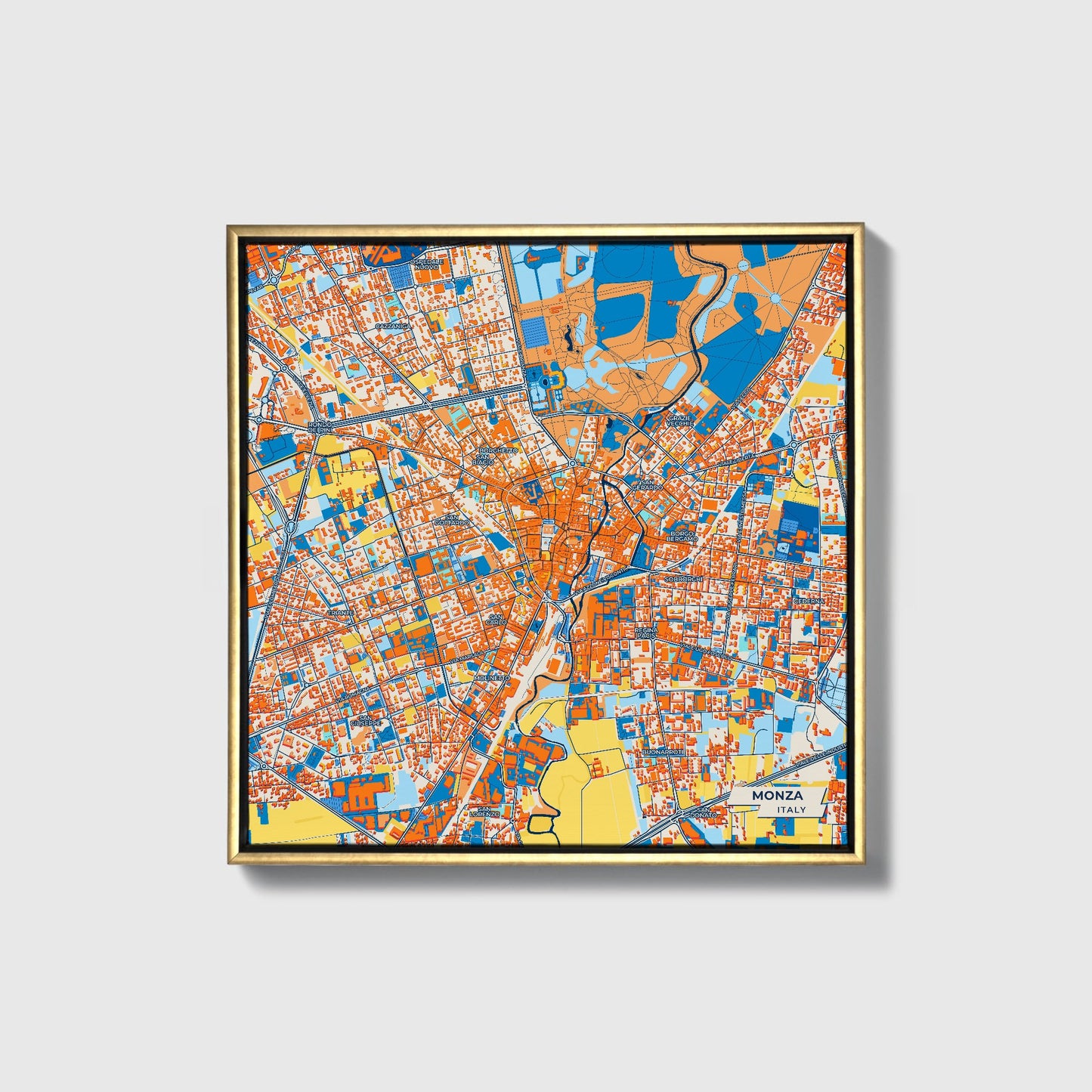 Monza Italy Colorful City Map Canvas Print • Gold Framed