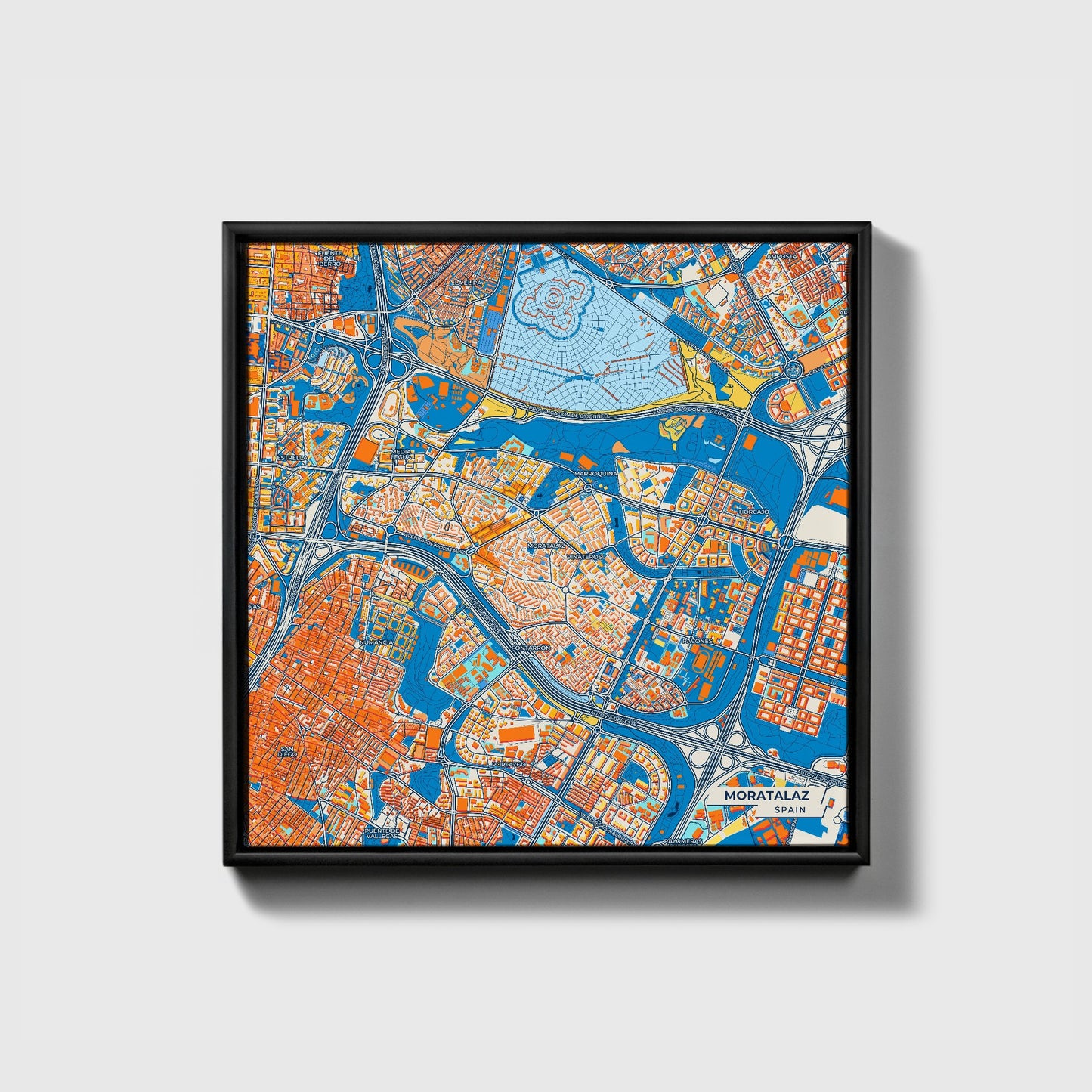 Moratalaz Spain Colorful City Map Canvas Print • Black Framed