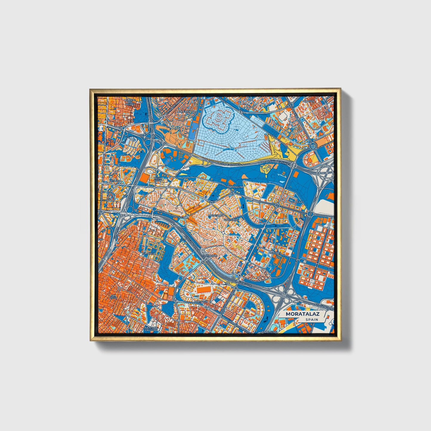 Moratalaz Spain Colorful City Map Canvas Print • Gold Framed