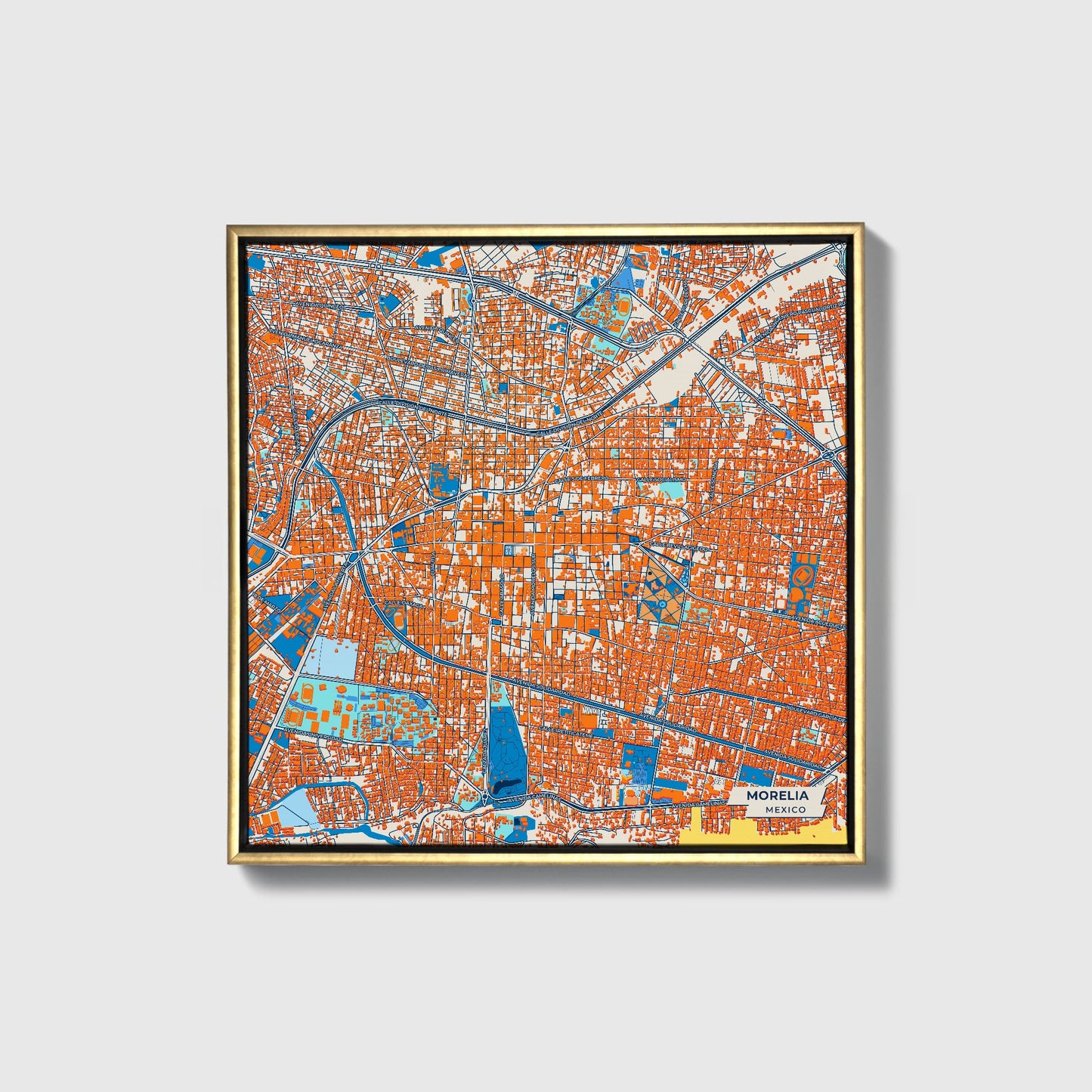 Morelia Mexico Colorful City Map Canvas Print • Gold Framed