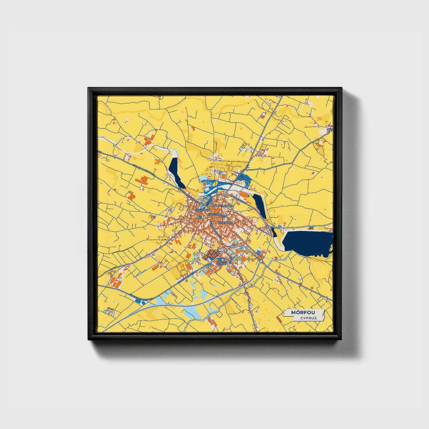 Mórfou Cyprus Colorful City Map Canvas Print • Black Framed