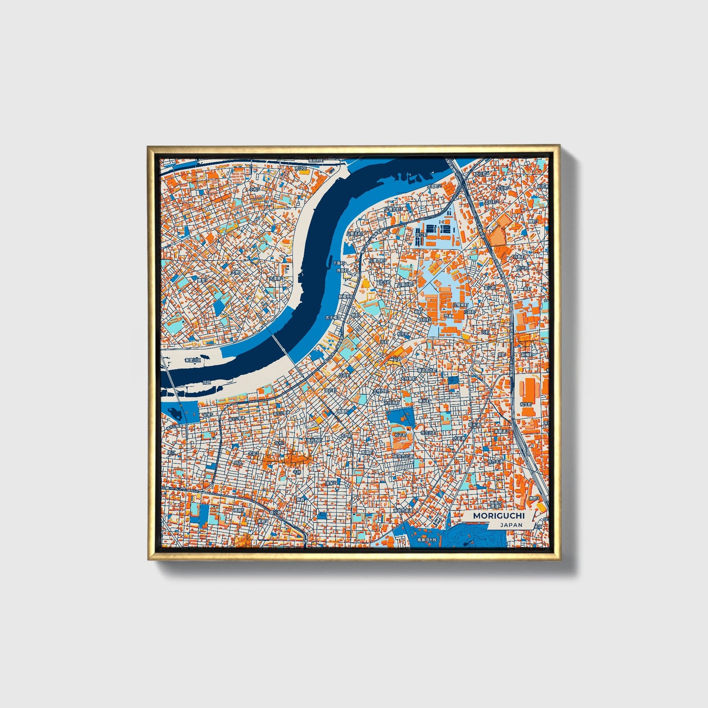 Moriguchi Japan Colorful City Map Canvas Print • Gold Framed