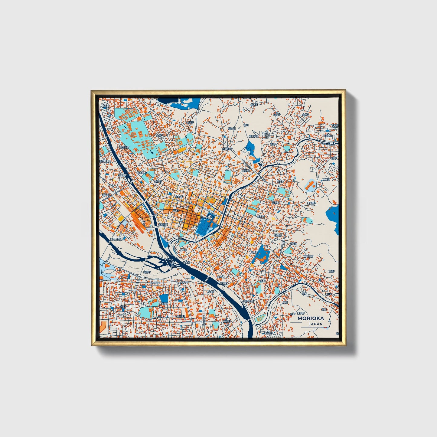 Morioka Japan Colorful City Map Canvas Print • Gold Framed