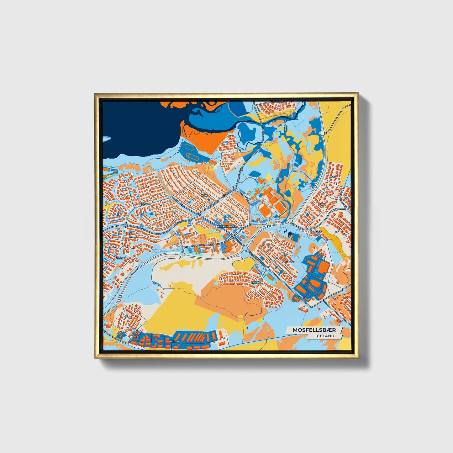 Mosfellsbær Iceland Colorful City Map Canvas Print • Gold Framed