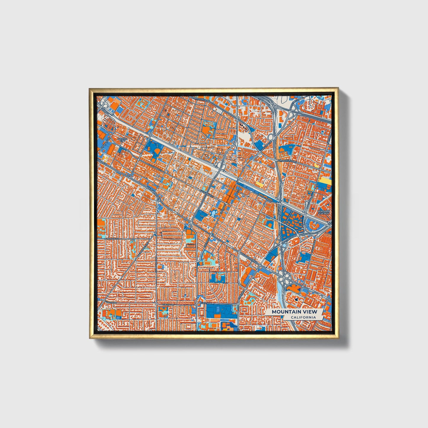 Mountain View California Colorful City Map Canvas Print • Gold Framed