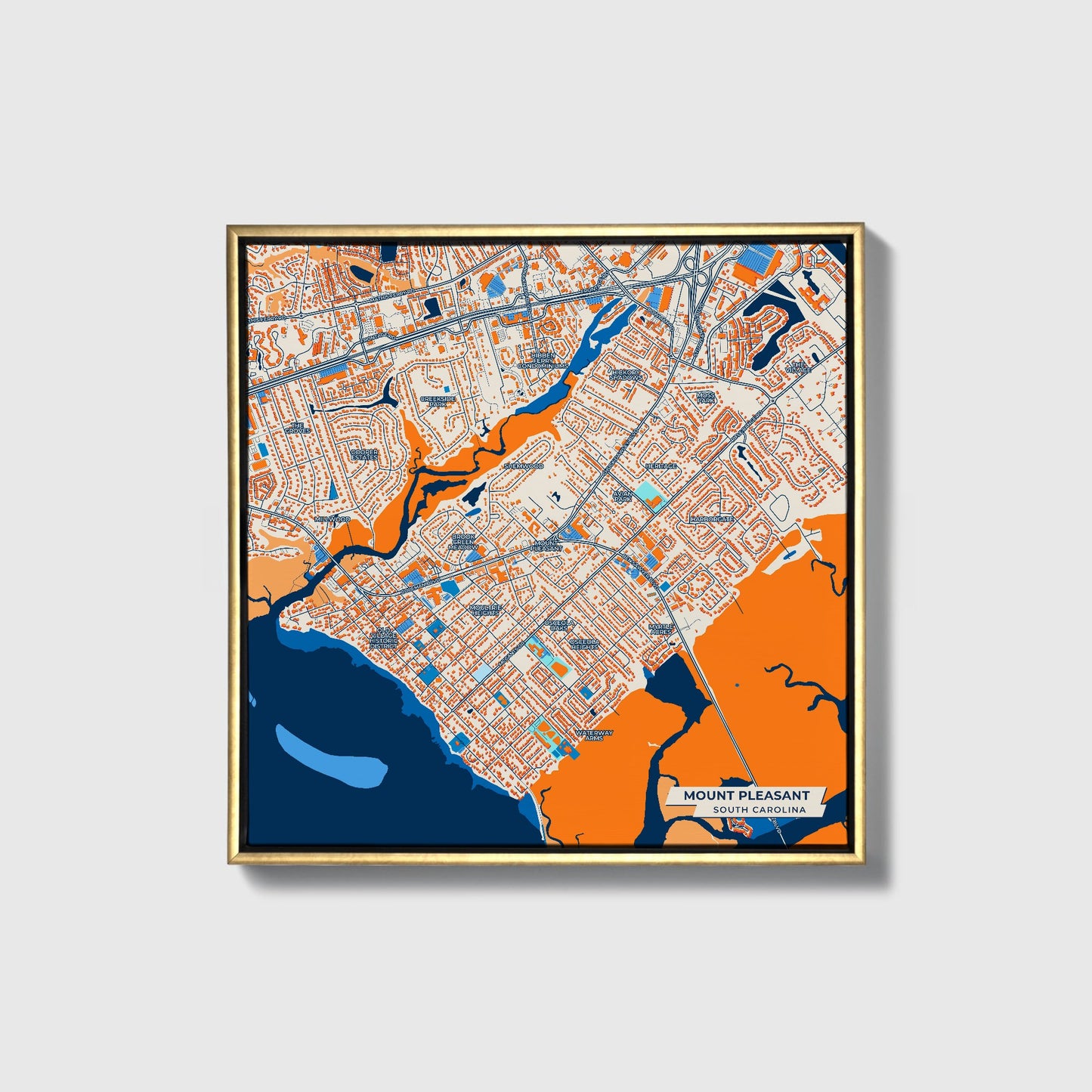 Mount Pleasant South Carolina Colorful City Map Canvas Print • Gold Framed