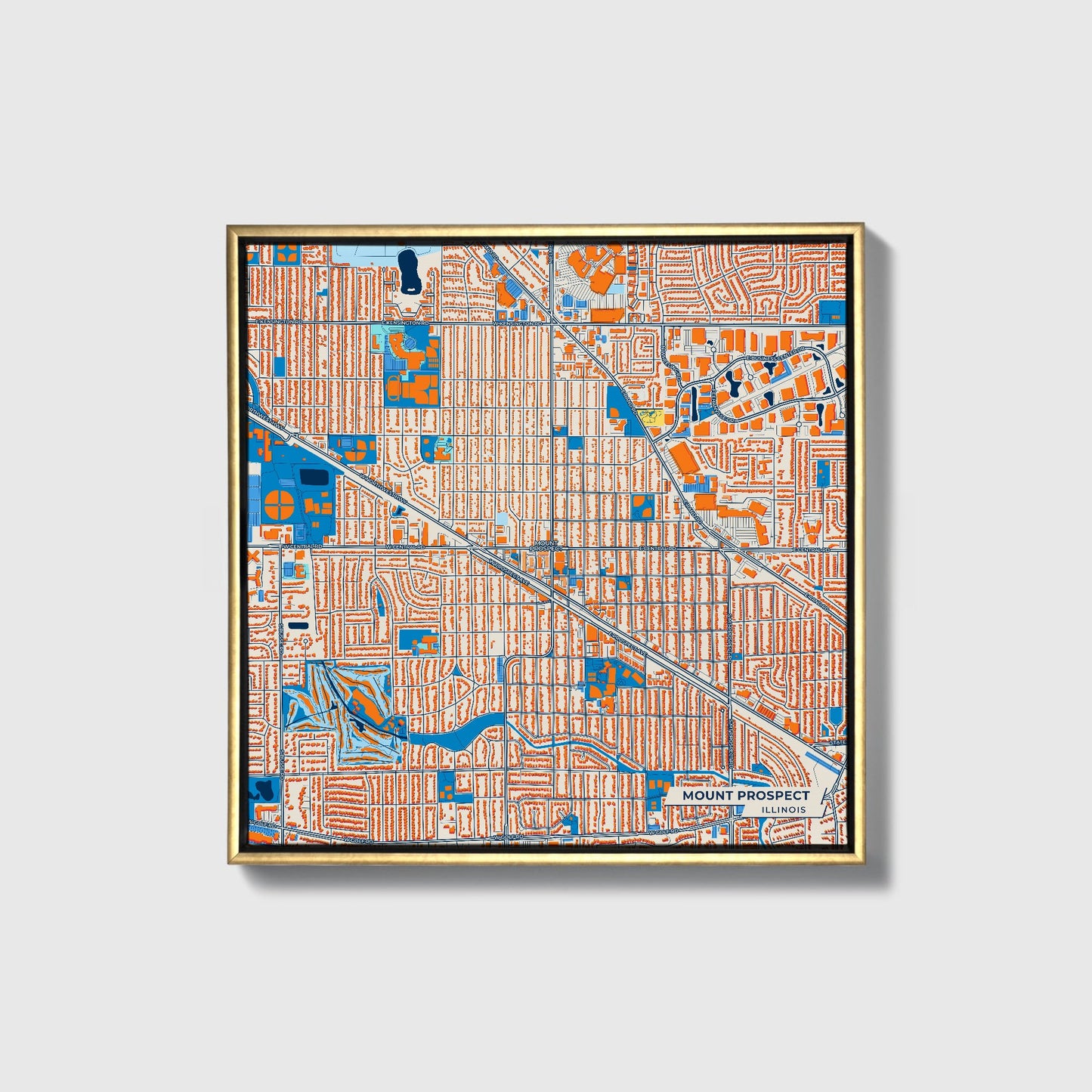 Mount Prospect Illinois Colorful City Map Canvas Print • Gold Framed