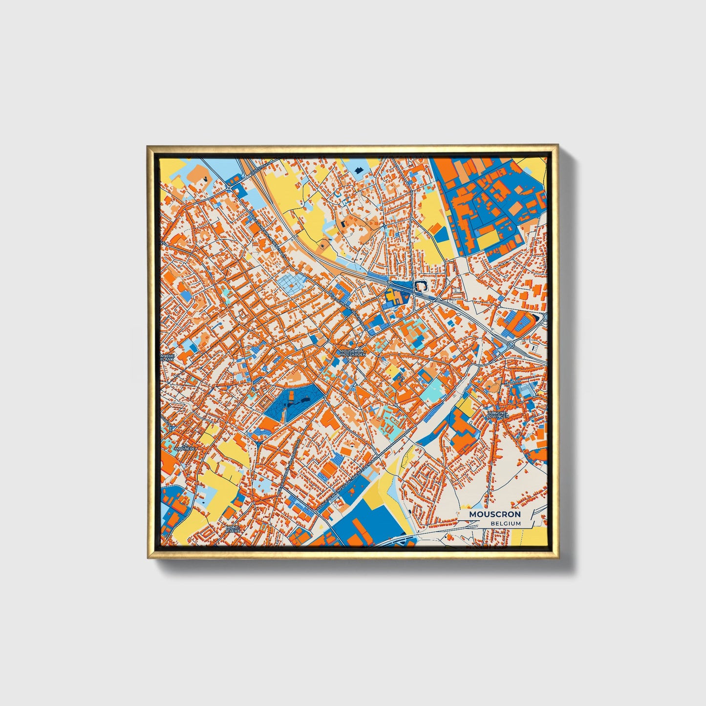 Mouscron Belgium Colorful City Map Canvas Print • Gold Framed