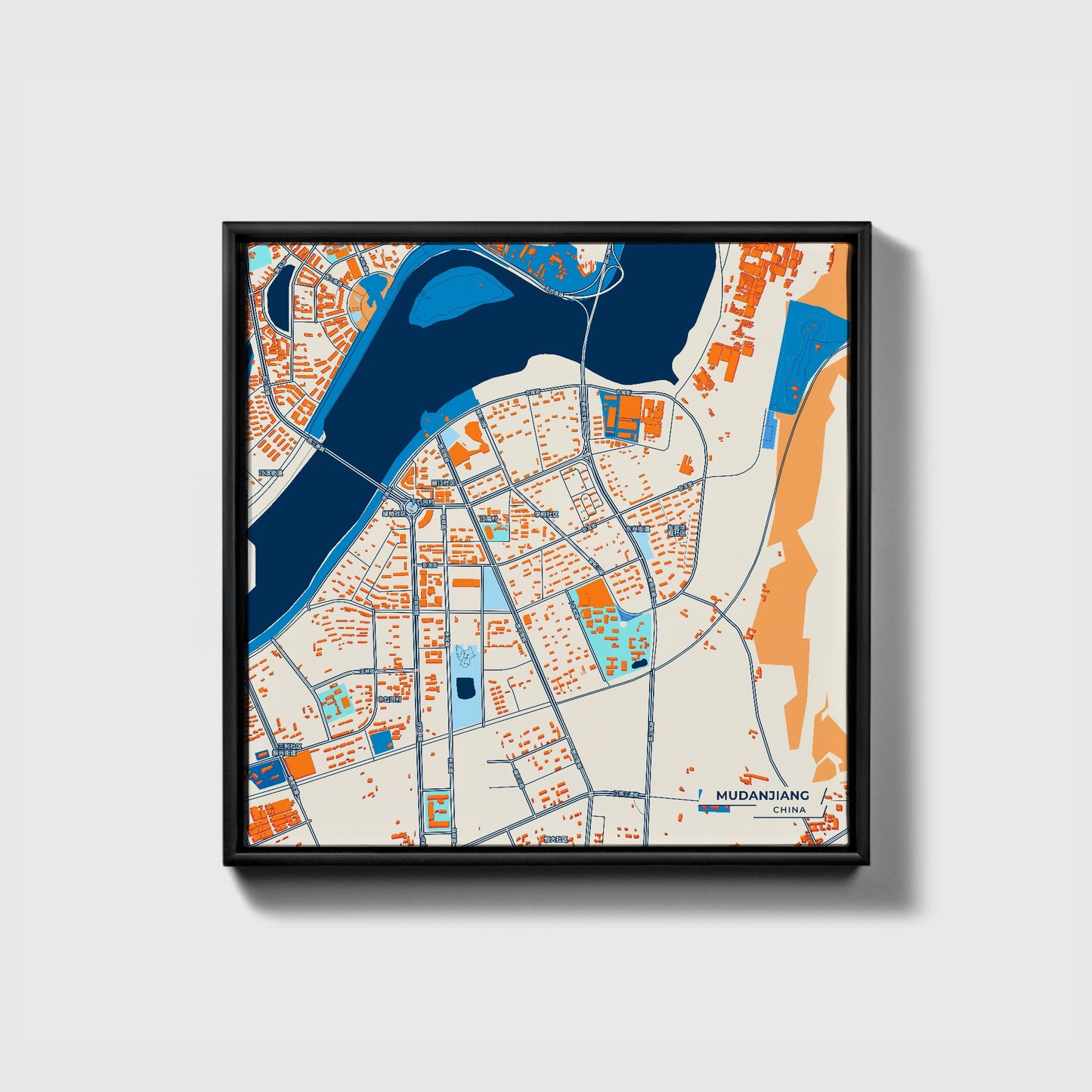 Mudanjiang China Colorful City Map Canvas Print • Black Framed