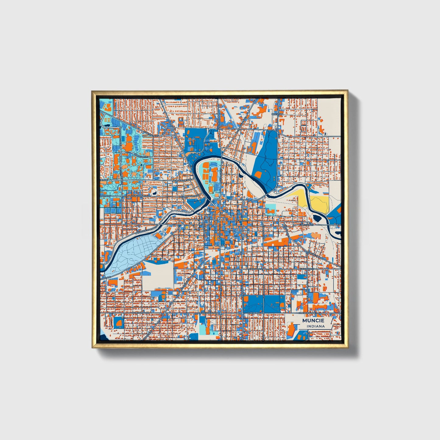 Muncie Indiana Colorful City Map Canvas Print • Gold Framed