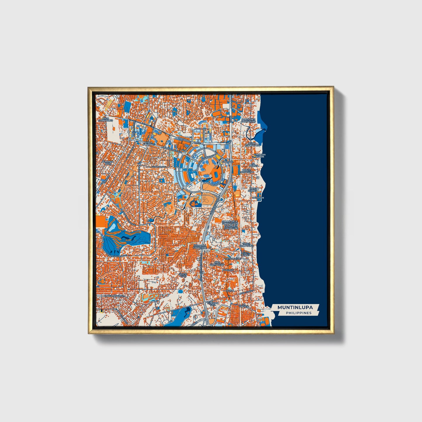 Muntinlupa Philippines Colorful City Map Canvas Print • Gold Framed