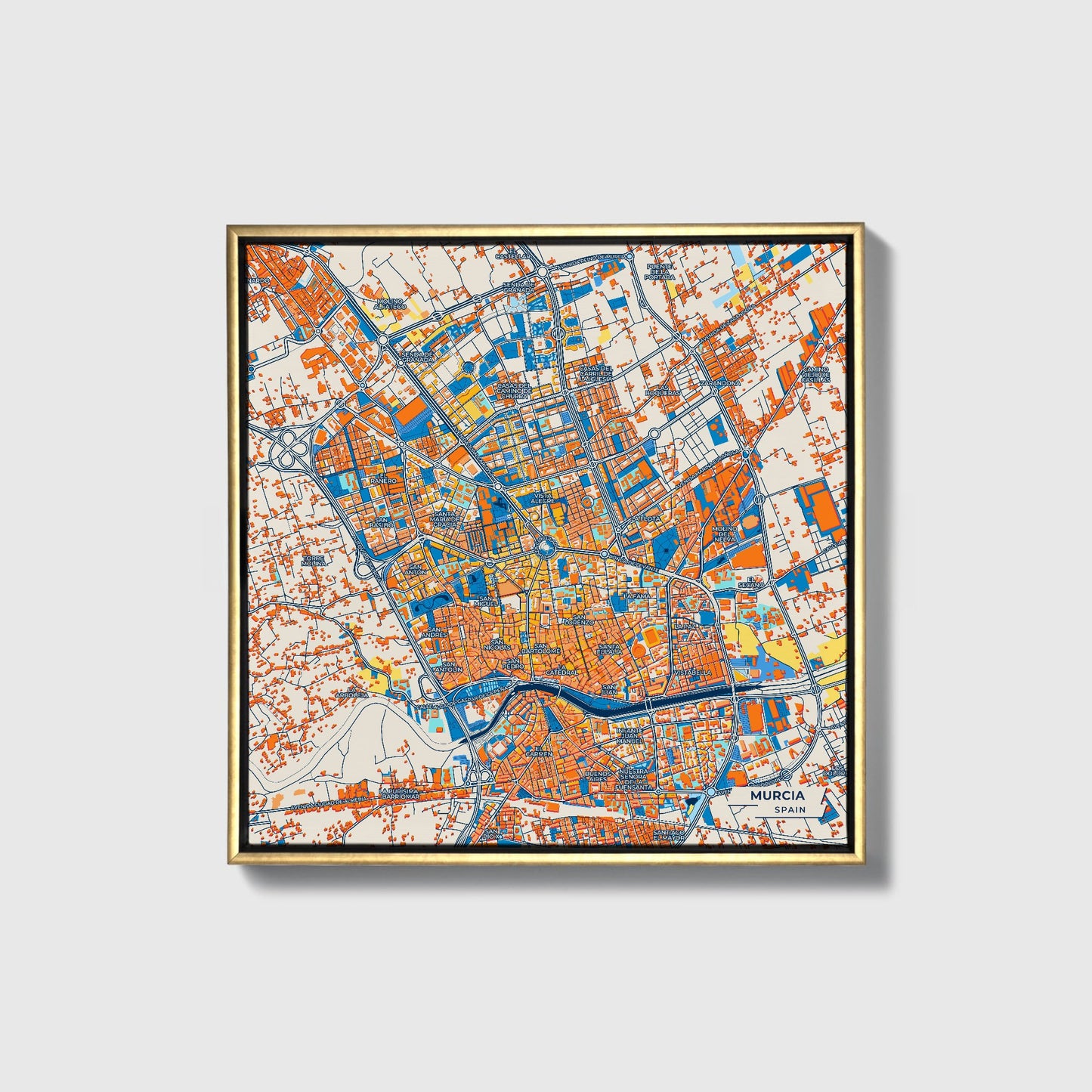 Murcia Spain Colorful City Map Canvas Print • Gold Framed
