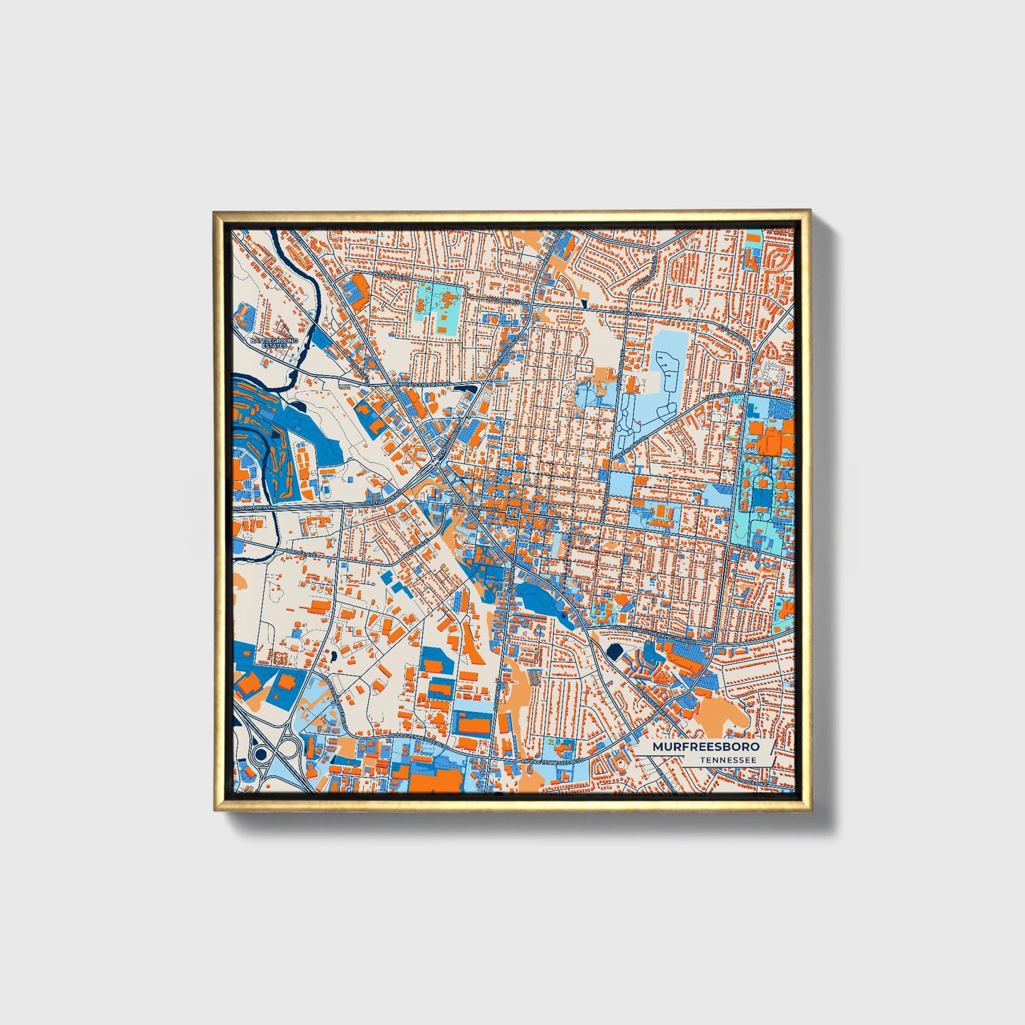 Murfreesboro Tennessee Colorful City Map Canvas Print • Gold Framed