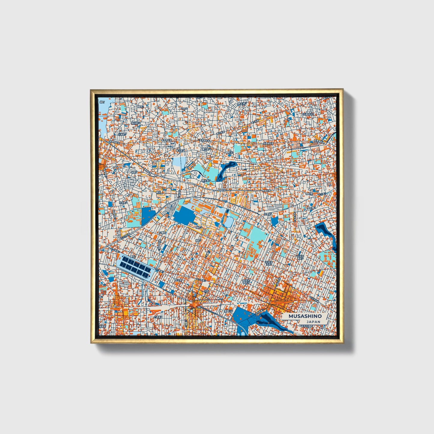 Musashino Japan Colorful City Map Canvas Print • Gold Framed