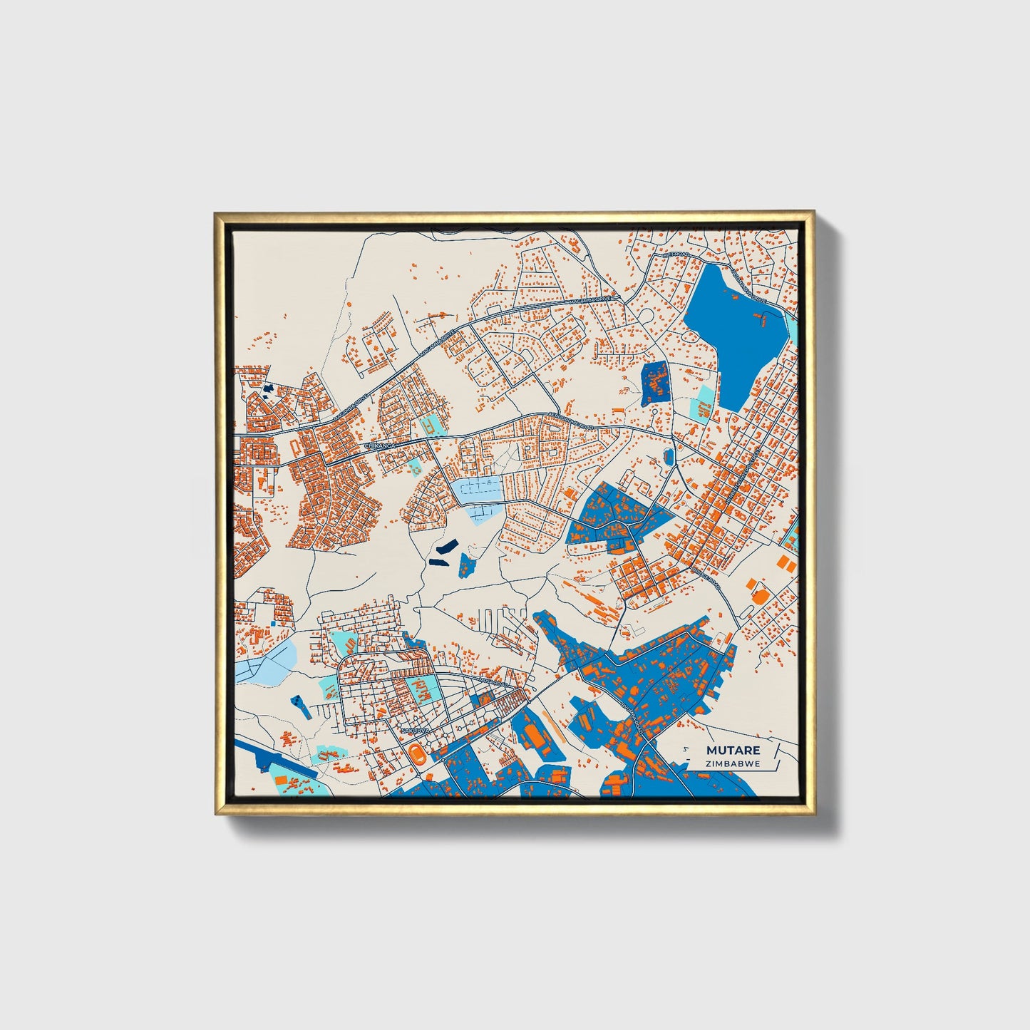 Mutare Zimbabwe Colorful City Map Canvas Print • Gold Framed