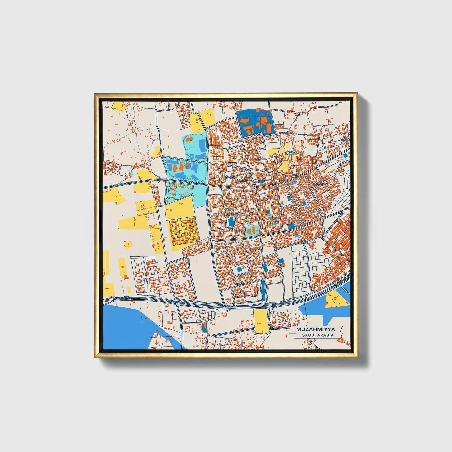Muzahmiyya Saudi Arabia Colorful City Map Canvas Print • Gold Framed