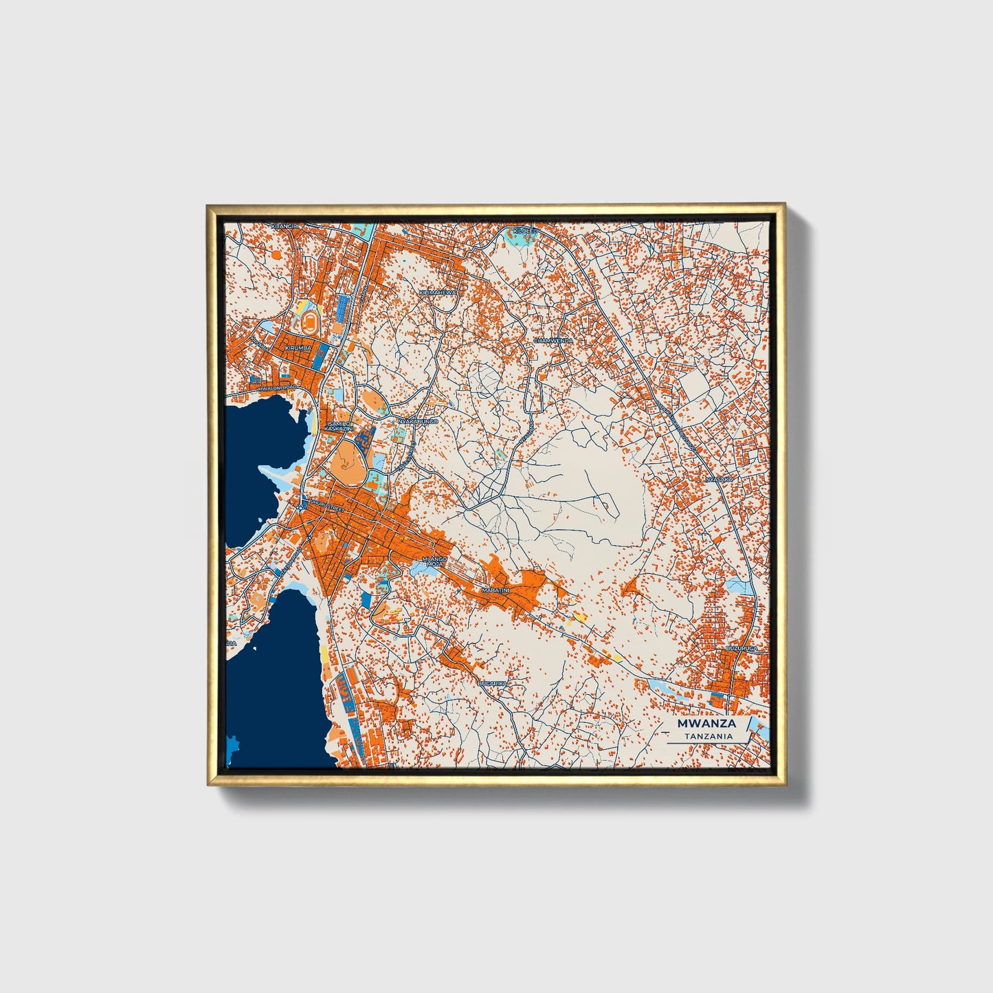 Mwanza Tanzania Colorful City Map Canvas Print • Gold Framed