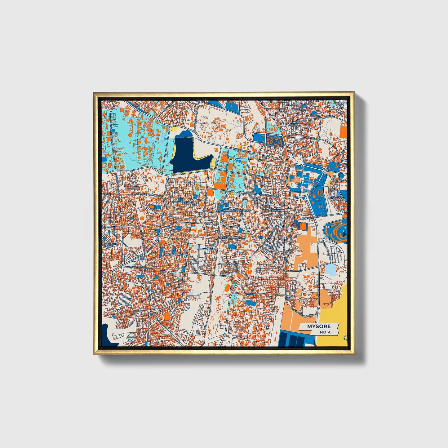 Mysore India Colorful City Map Canvas Print • Gold Framed