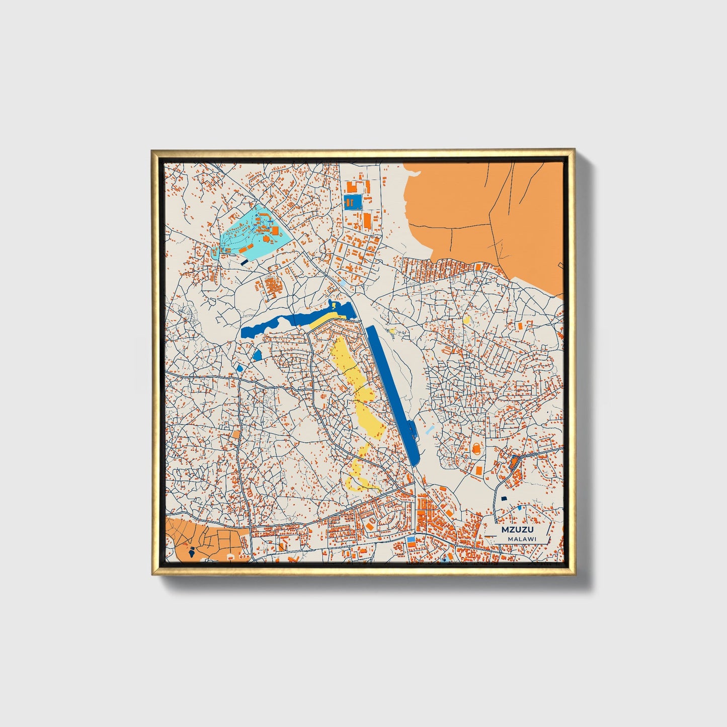 Mzuzu Malawi Colorful City Map Canvas Print • Gold Framed