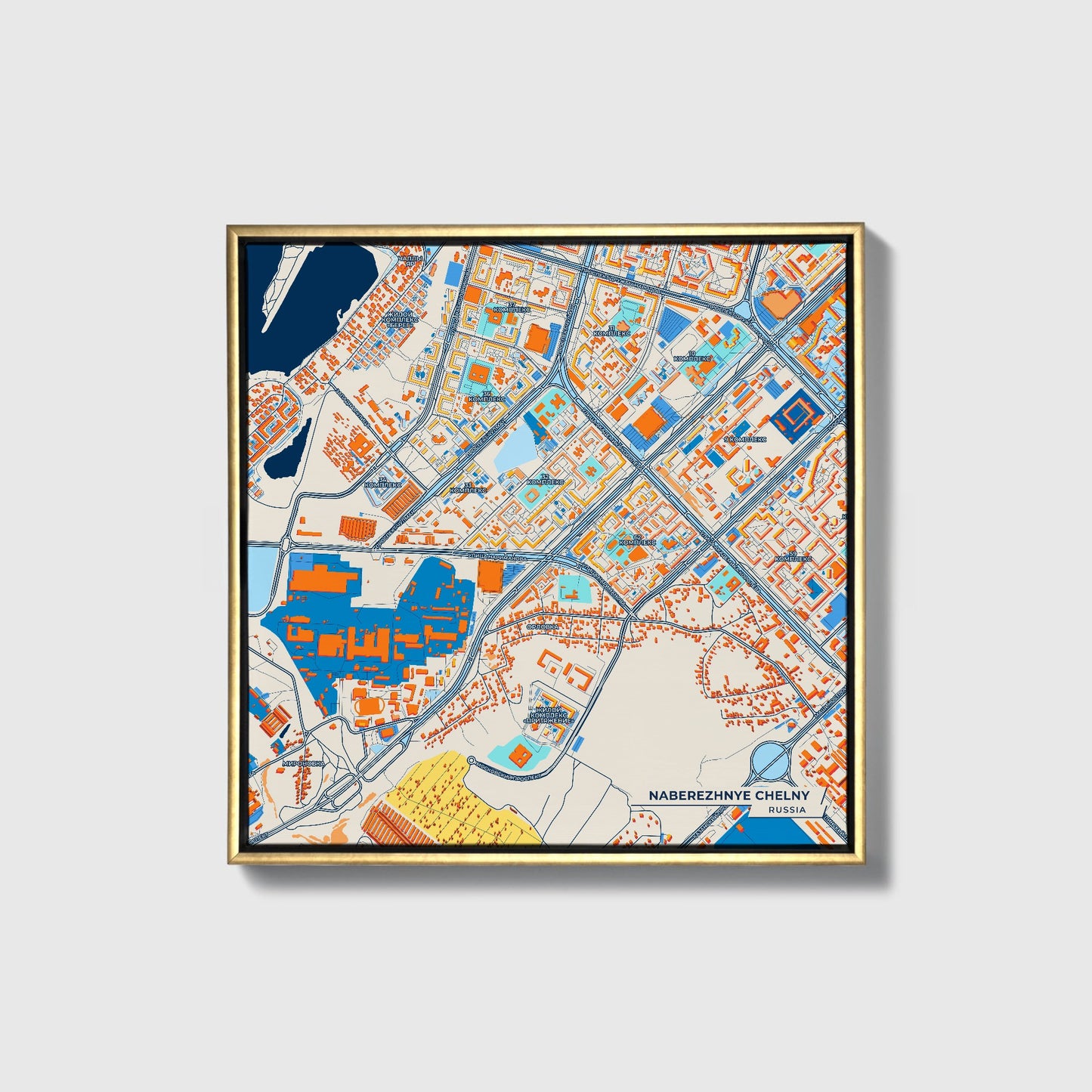 Набережные Челны Russia Colorful City Map Canvas Print • Gold Framed