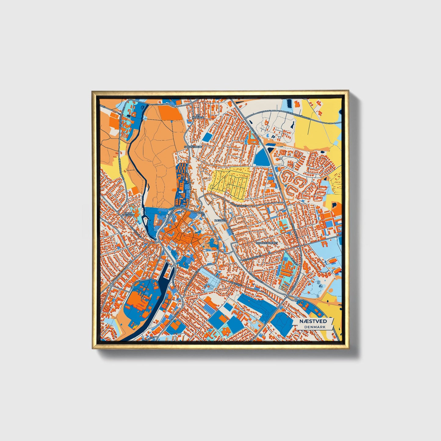 Næstved Denmark Colorful City Map Canvas Print • Gold Framed