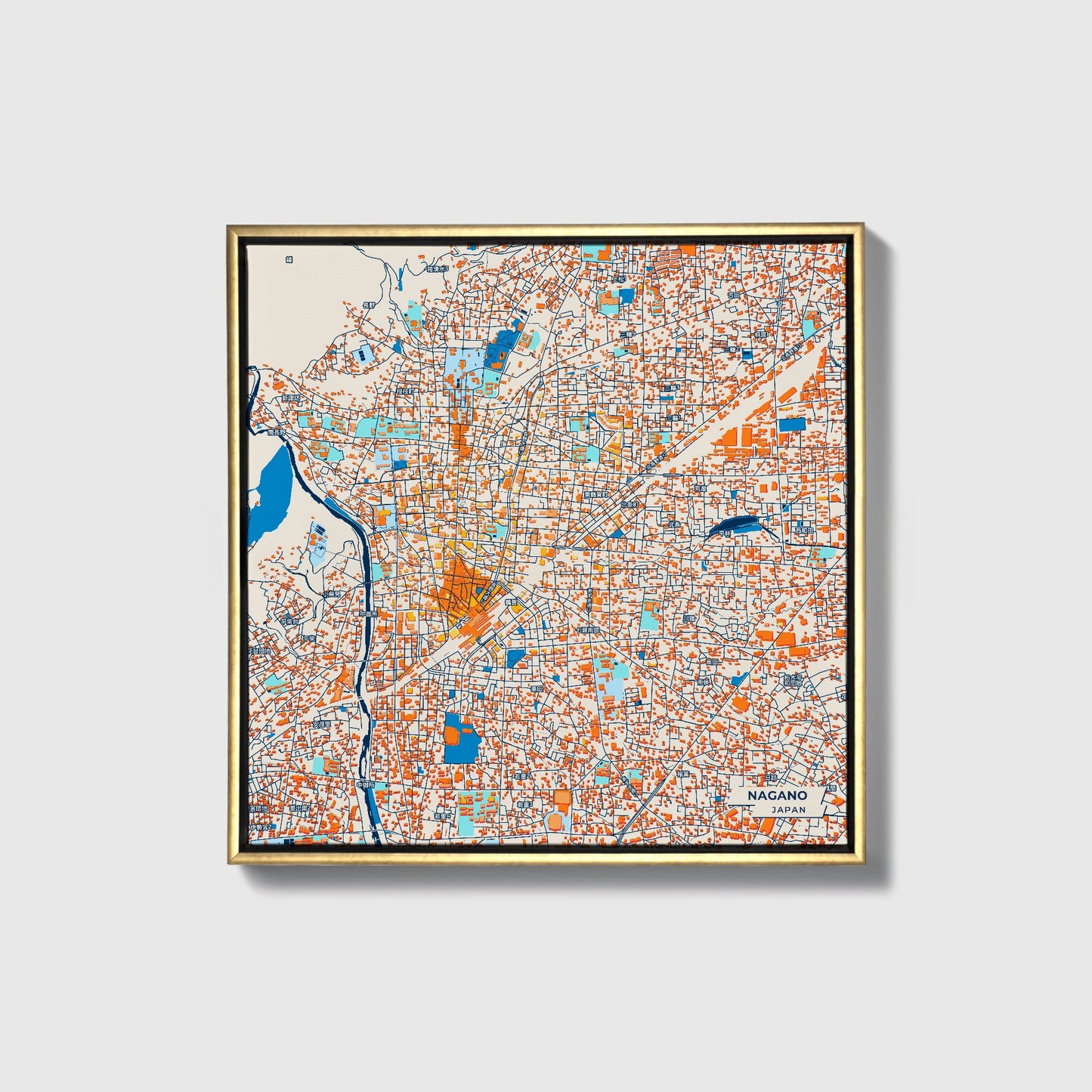 Nagano Japan Colorful City Map Canvas Print • Gold Framed