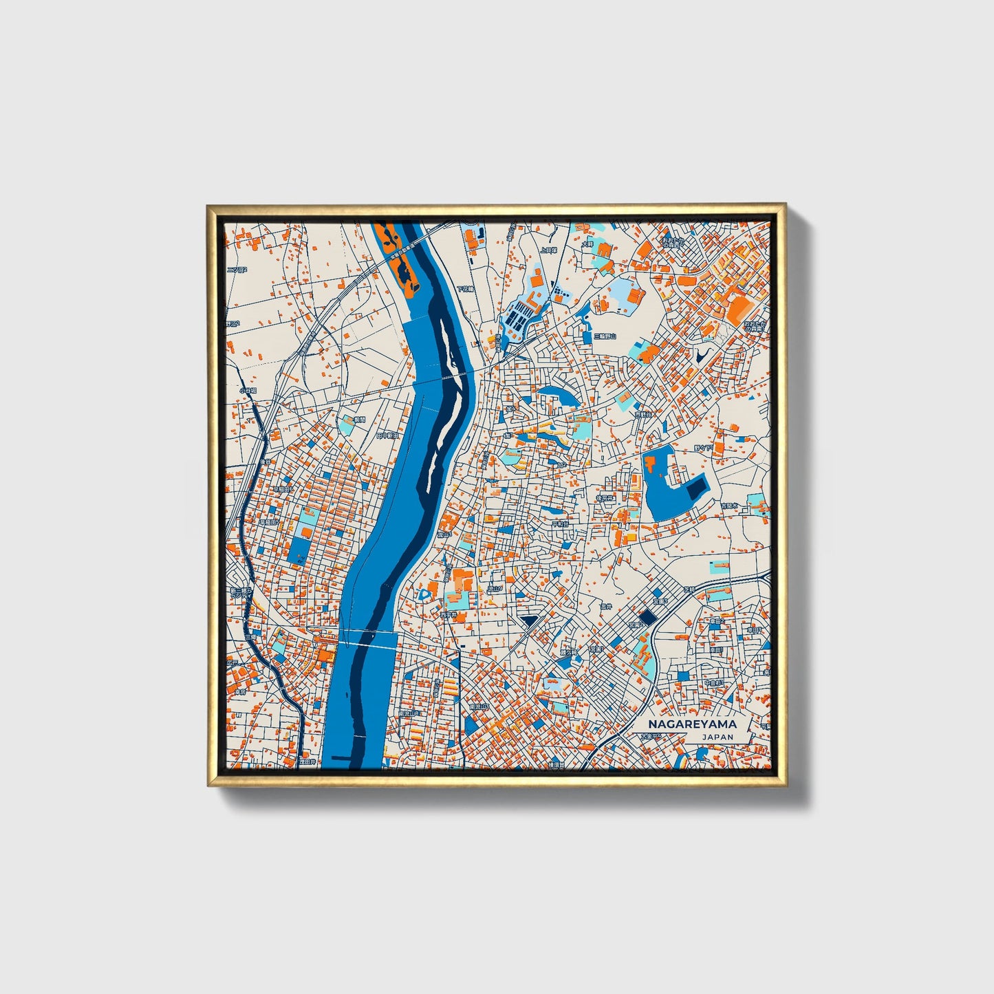 Nagareyama Japan Colorful City Map Canvas Print • Gold Framed