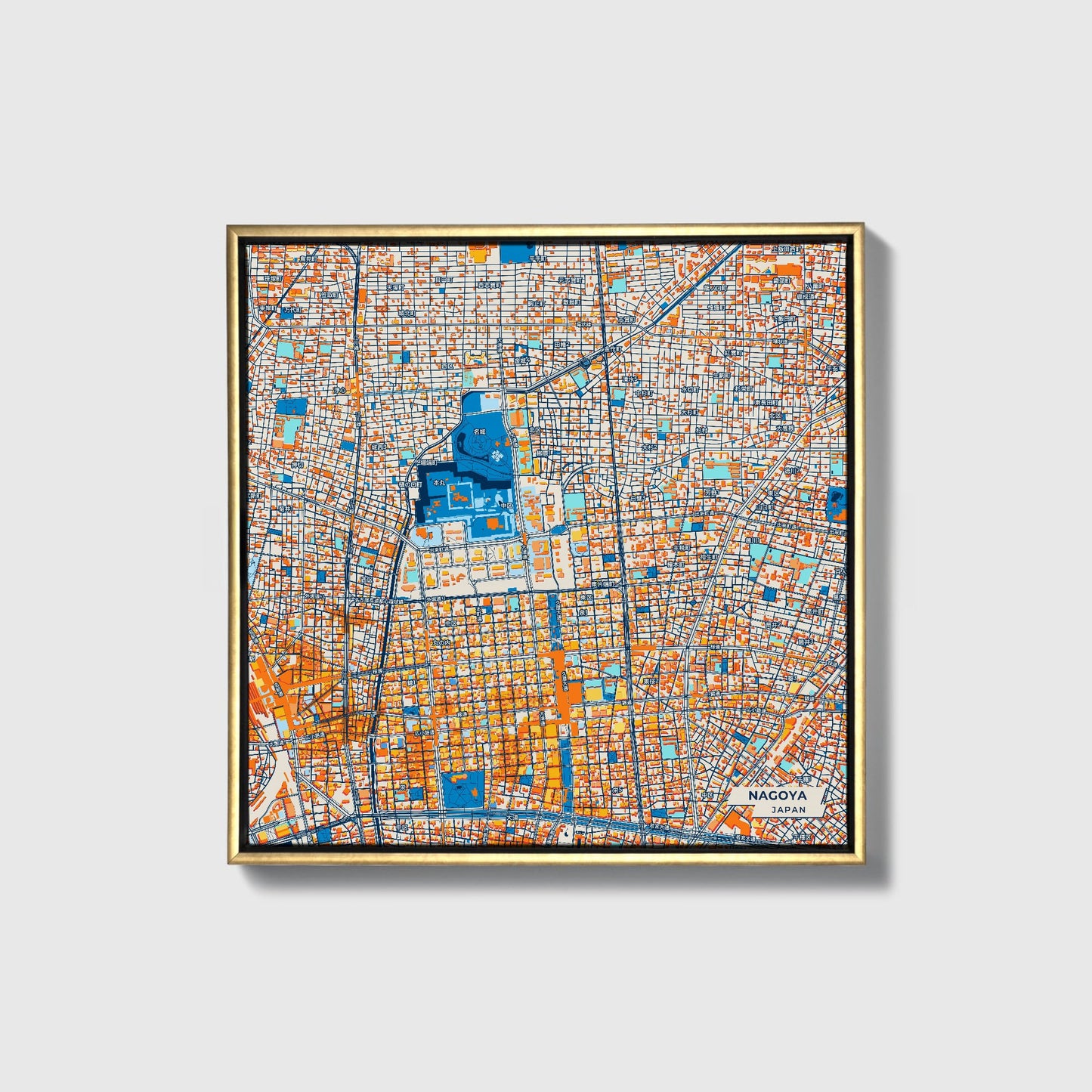 Nagoya Japan Colorful City Map Canvas Print • Gold Framed