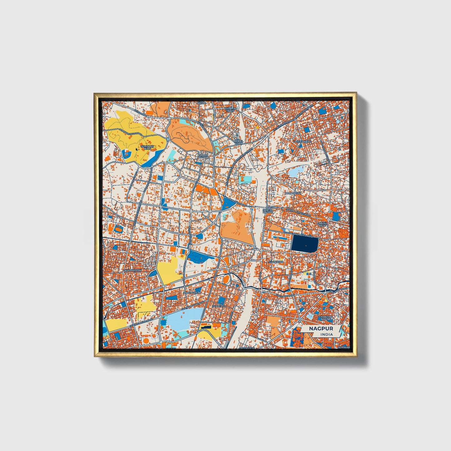 Nagpur India Colorful City Map Canvas Print • Gold Framed