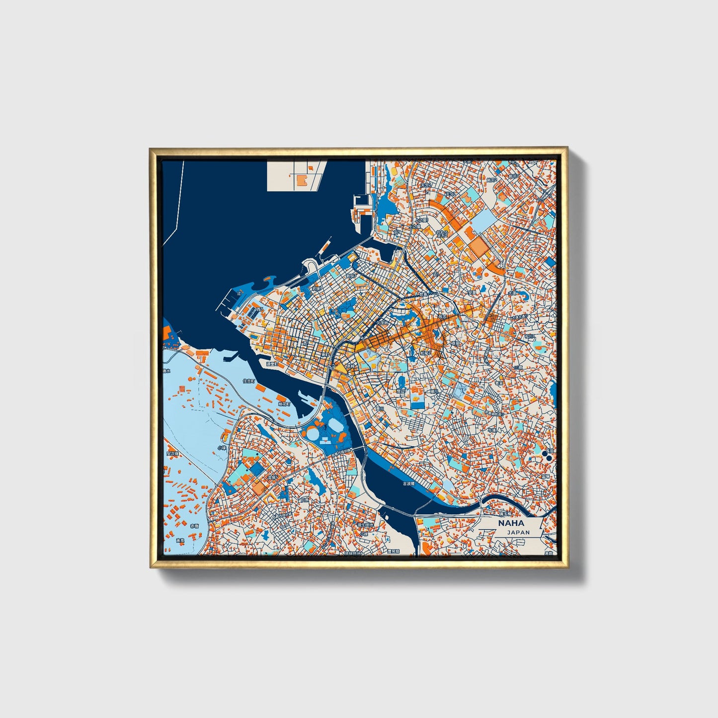 Naha Japan Colorful City Map Canvas Print • Gold Framed