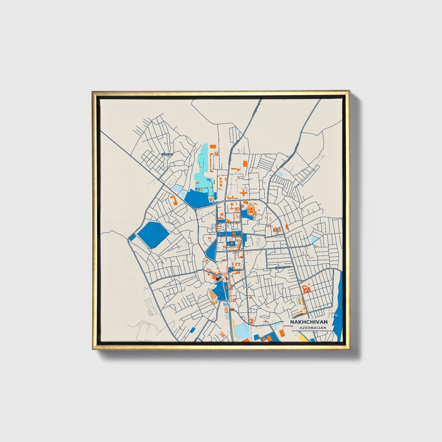 Nakhchivan Azerbaijan Colorful City Map Canvas Print • Gold Framed