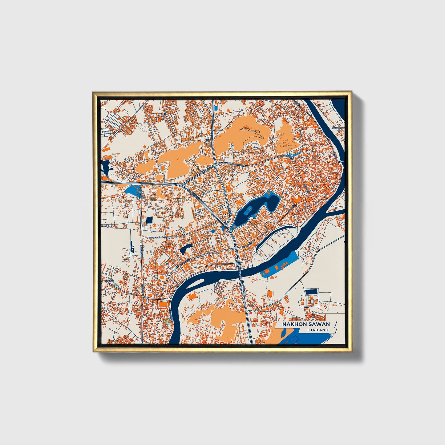 Nakhon Sawan Thailand Colorful City Map Canvas Print • Gold Framed