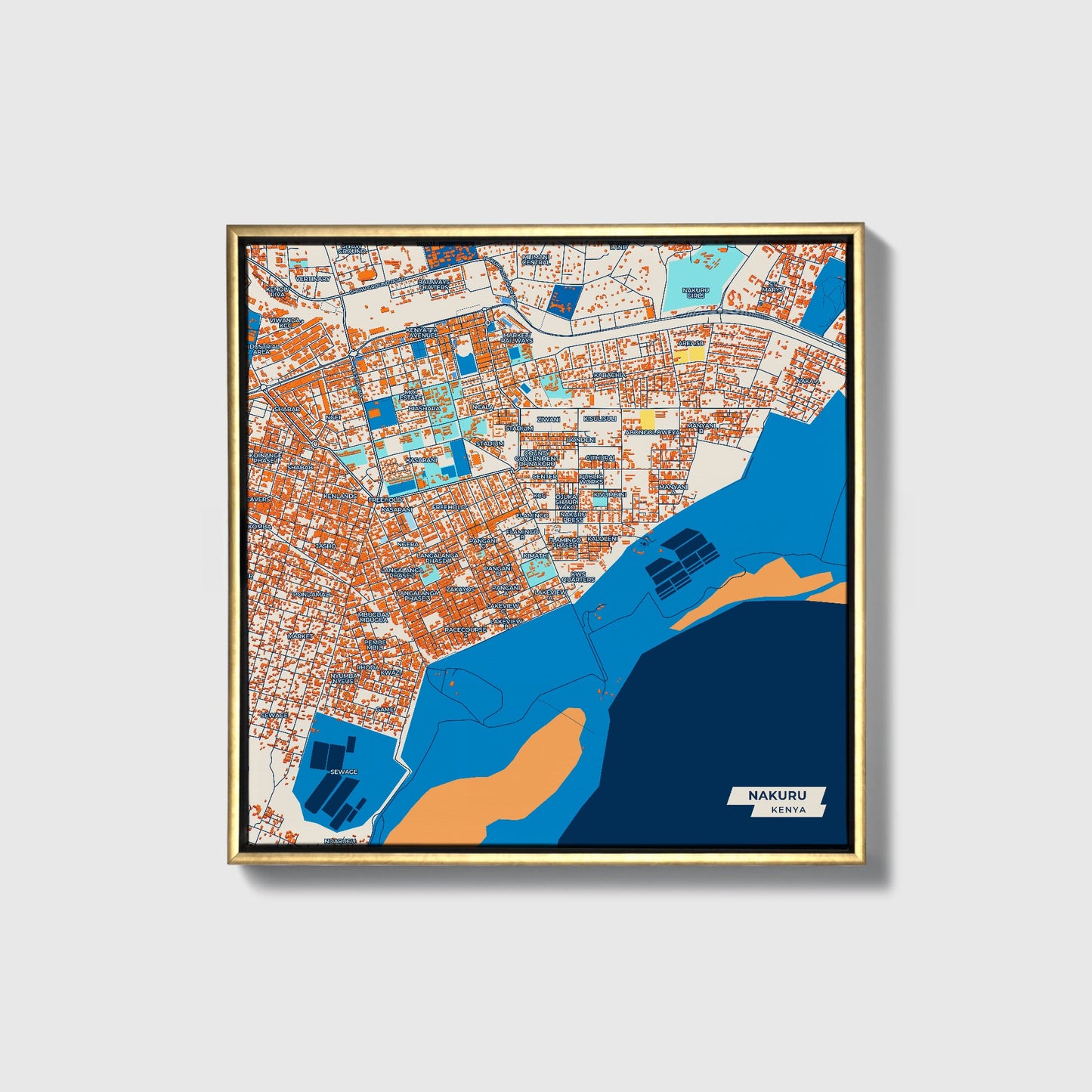 Nakuru Kenya Colorful City Map Canvas Print • Gold Framed