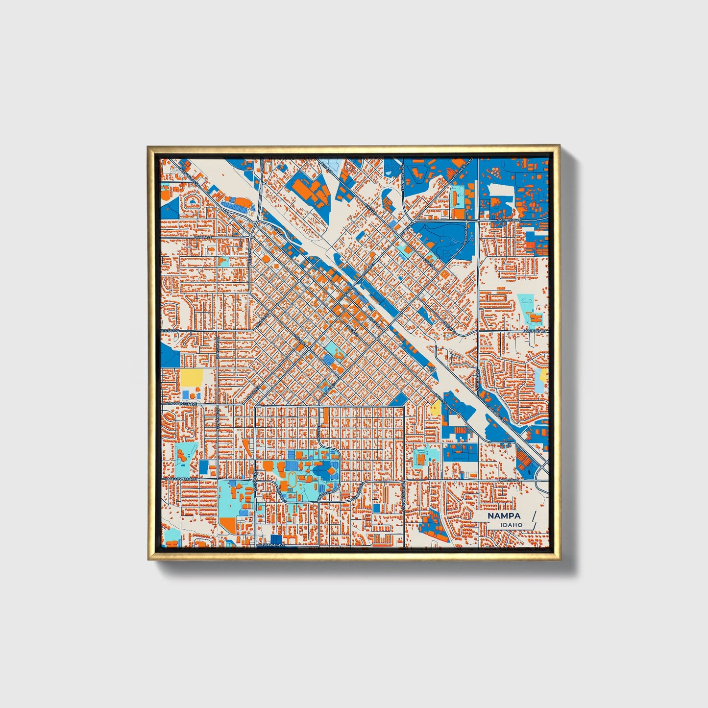 Nampa Idaho Colorful City Map Canvas Print • Gold Framed