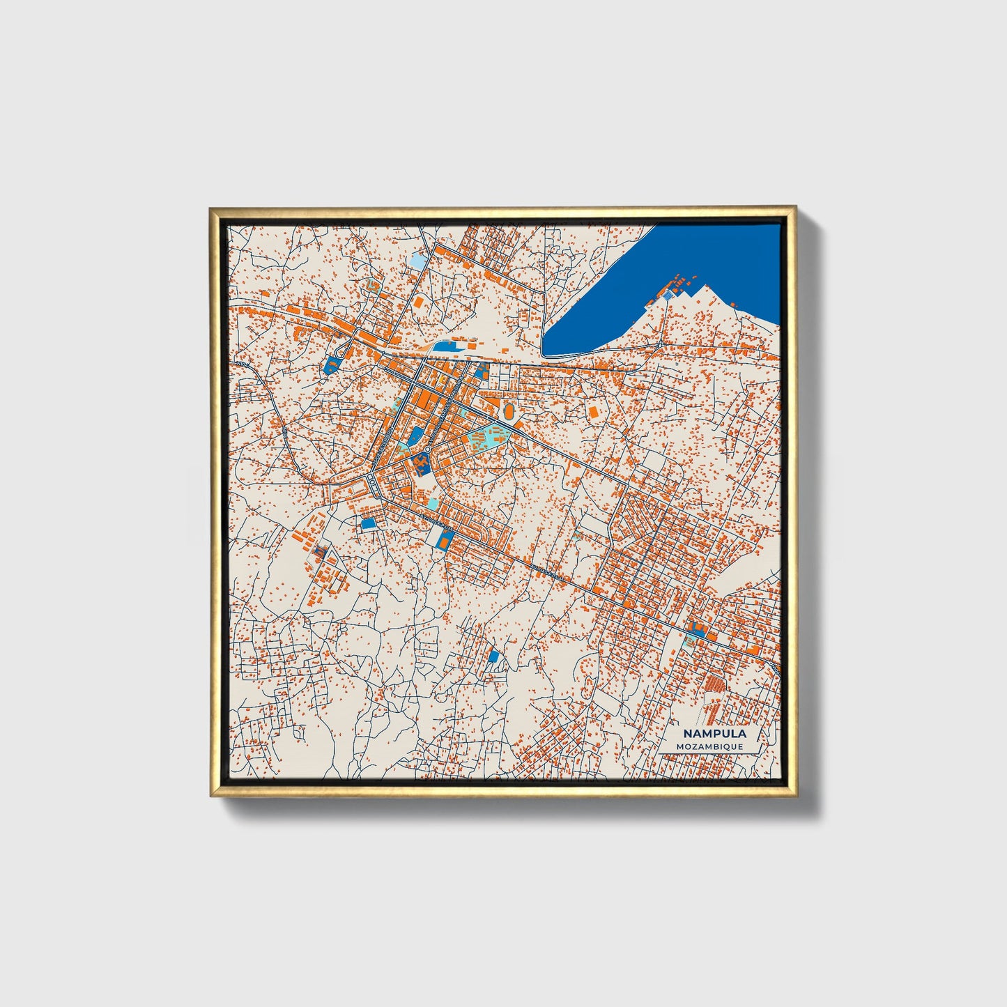 Nampula Mozambique Colorful City Map Canvas Print • Gold Framed