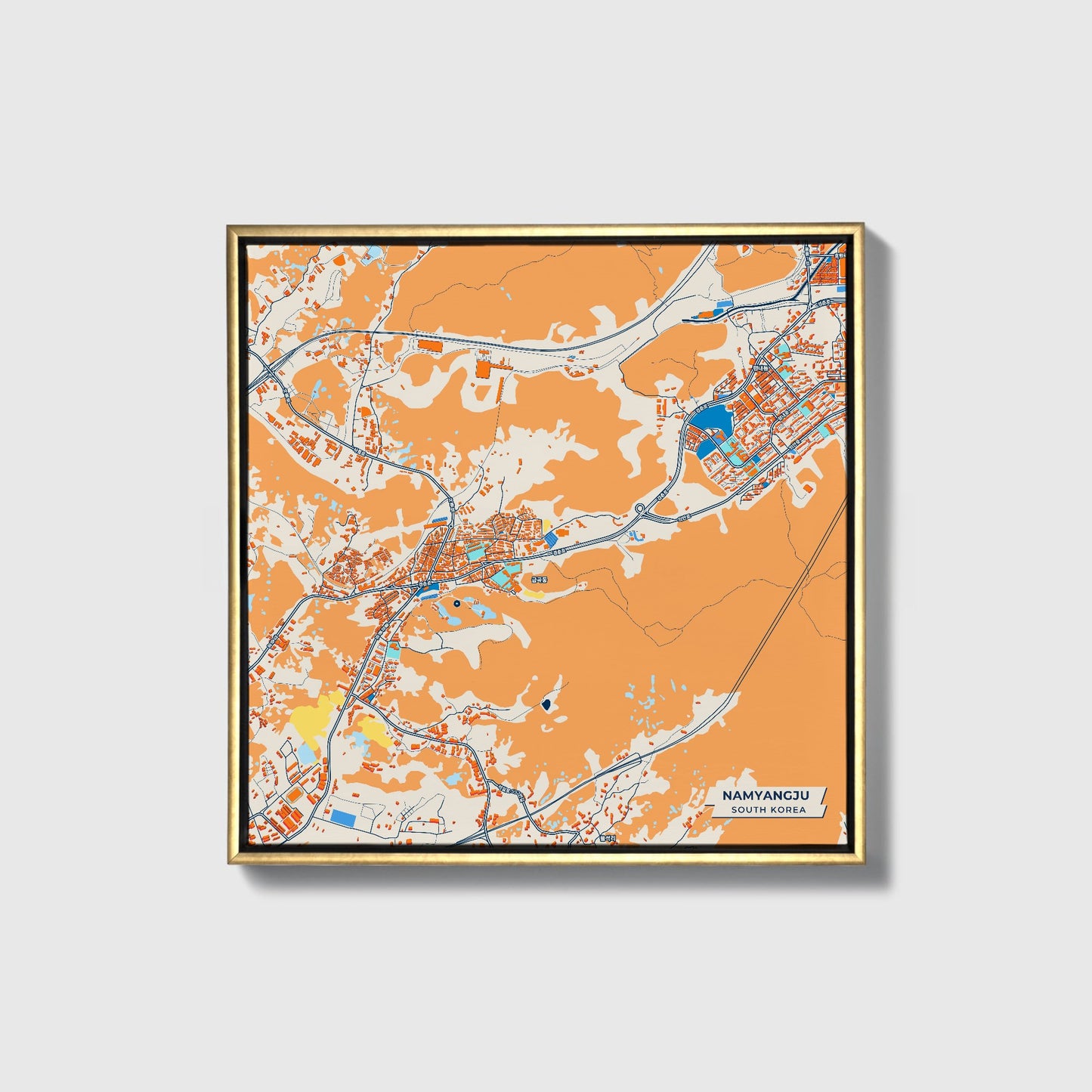 Namyangju South Korea Colorful City Map Canvas Print • Gold Framed