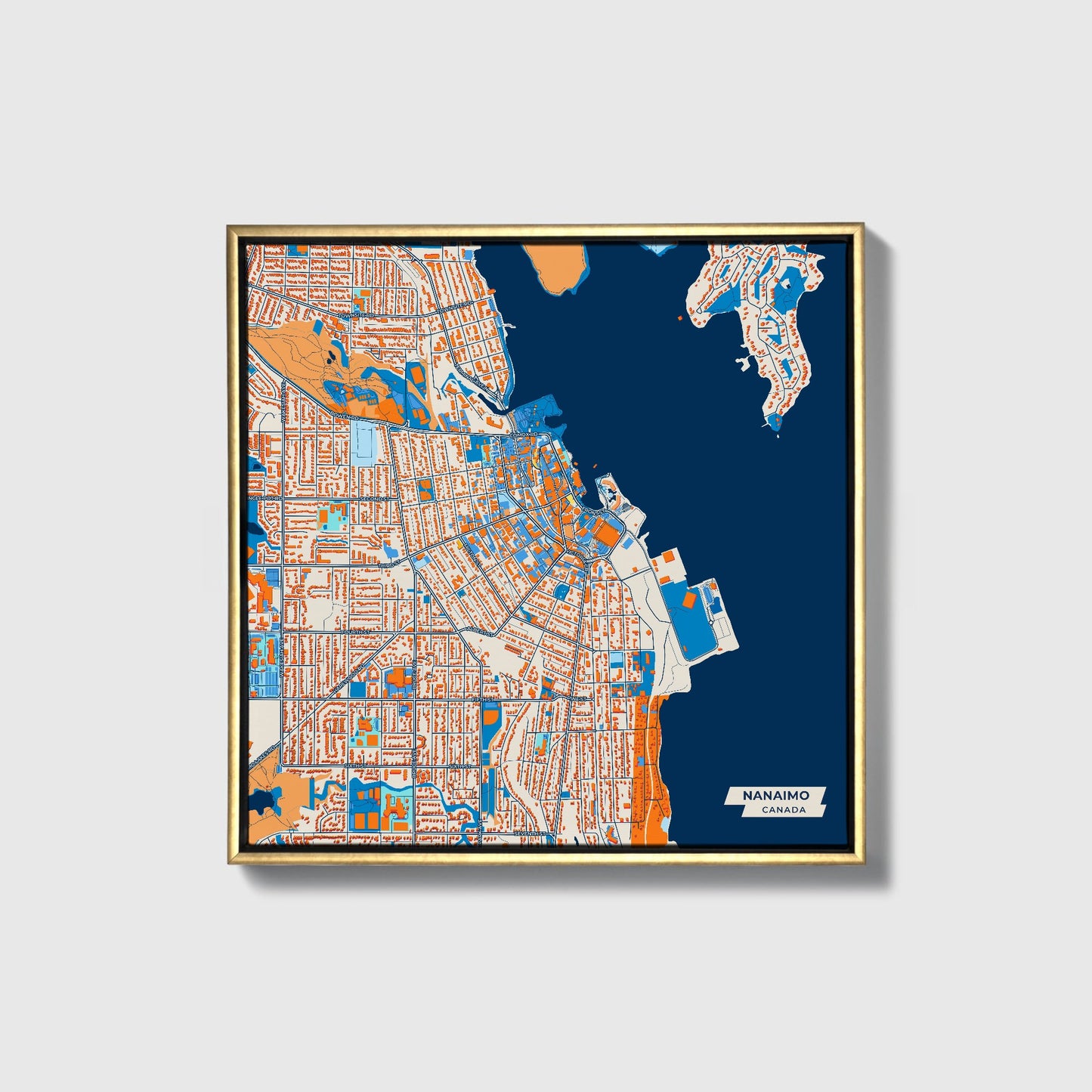 Nanaimo Canada Colorful City Map Canvas Print • Gold Framed
