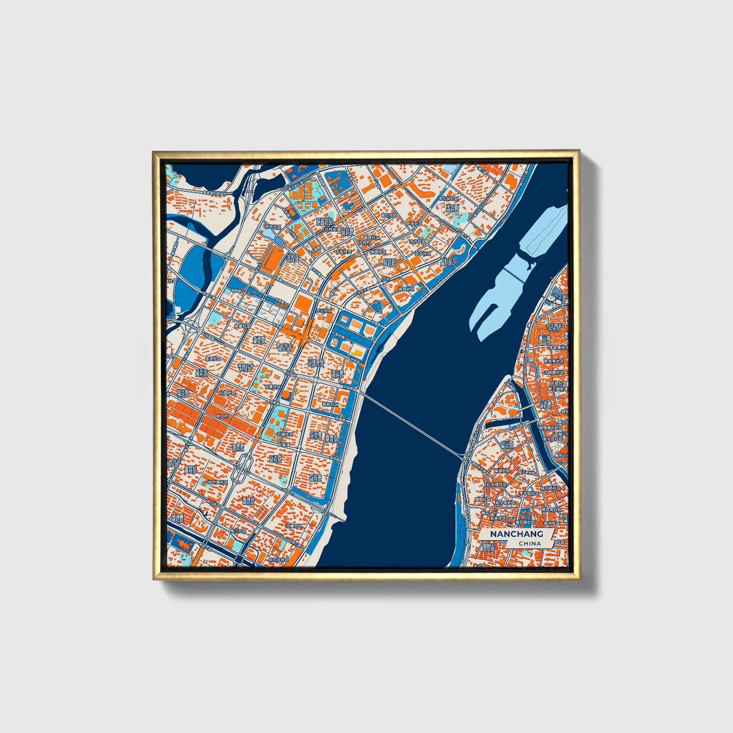 Nanchang China Colorful City Map Canvas Print • Gold Framed