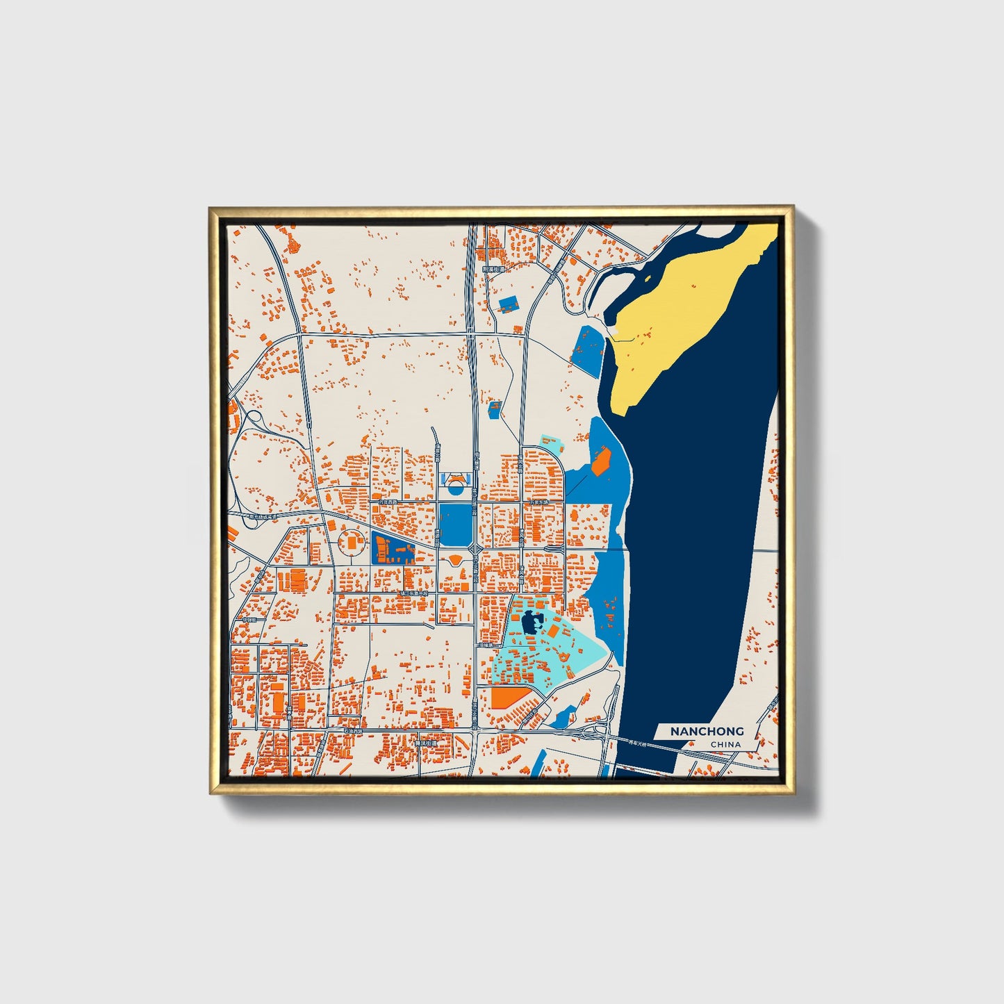 Nanchong China Colorful City Map Canvas Print • Gold Framed