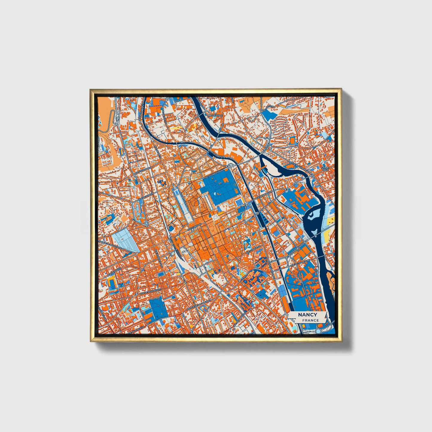 Nancy France Colorful City Map Canvas Print • Gold Framed