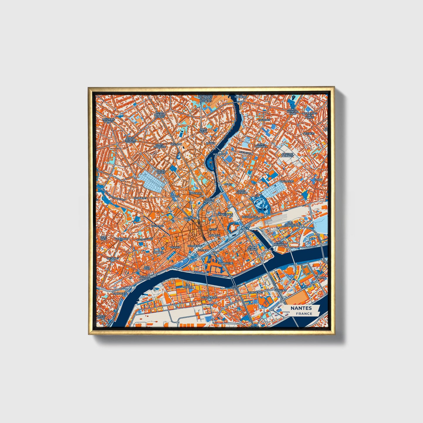 Nantes France Colorful City Map Canvas Print • Gold Framed