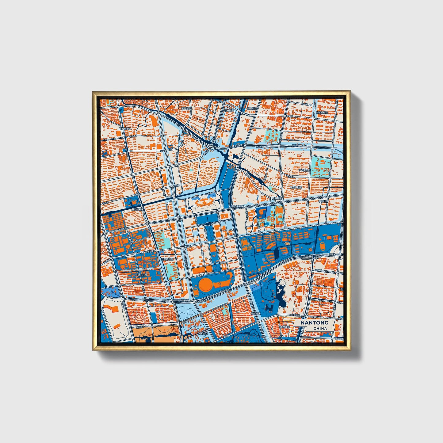 Nantong China Colorful City Map Canvas Print • Gold Framed