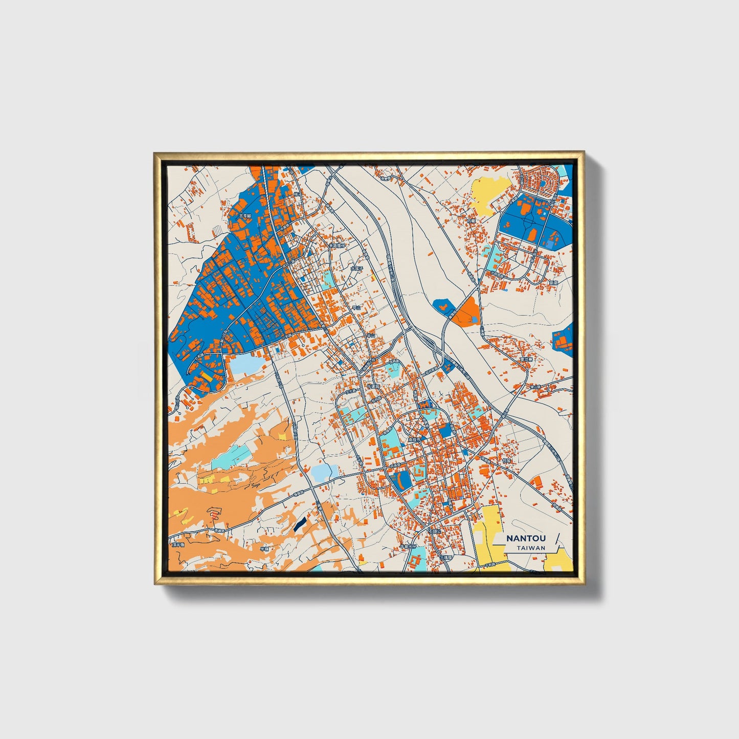 Nantou Taiwan Colorful City Map Canvas Print • Gold Framed