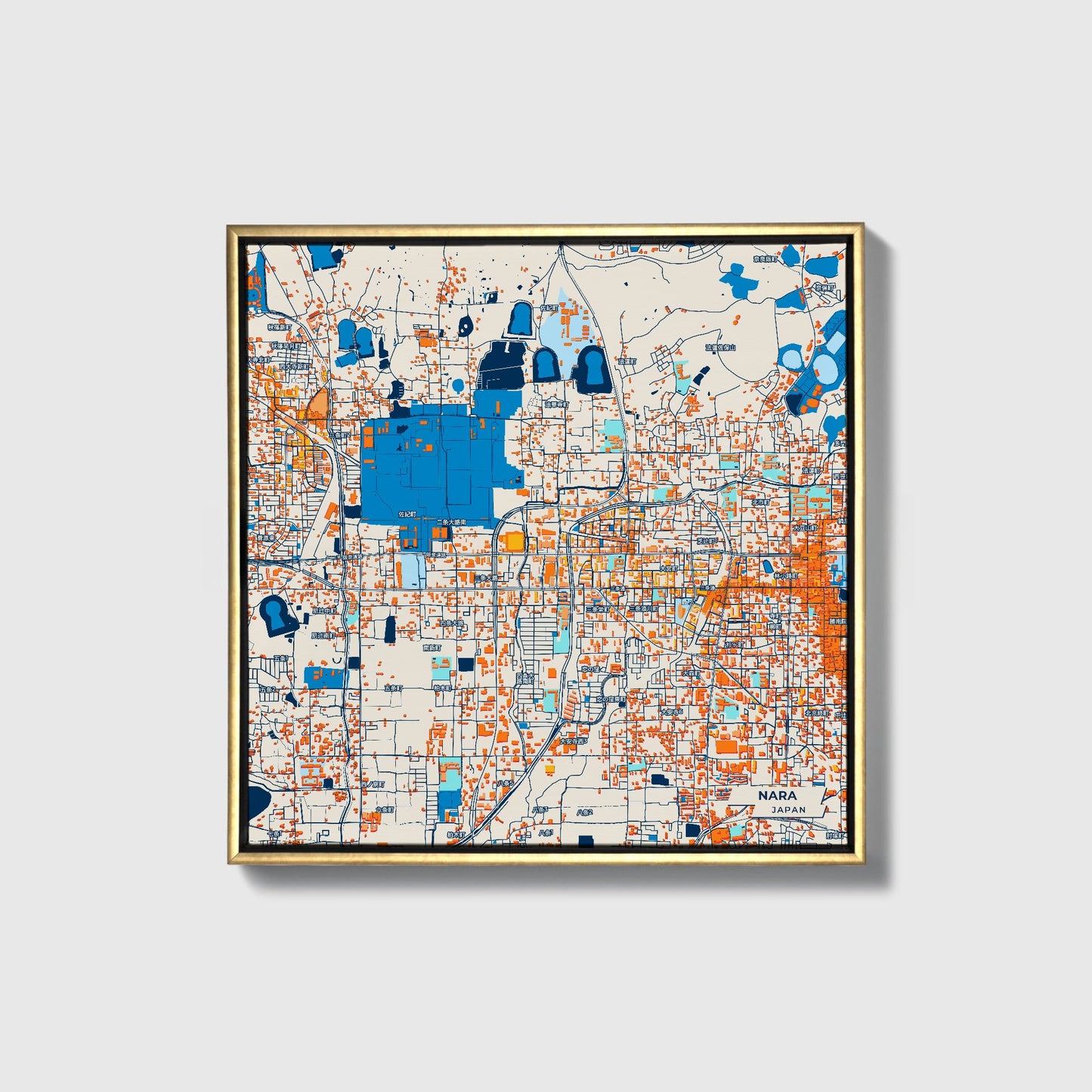 Nara Japan Colorful City Map Canvas Print • Gold Framed