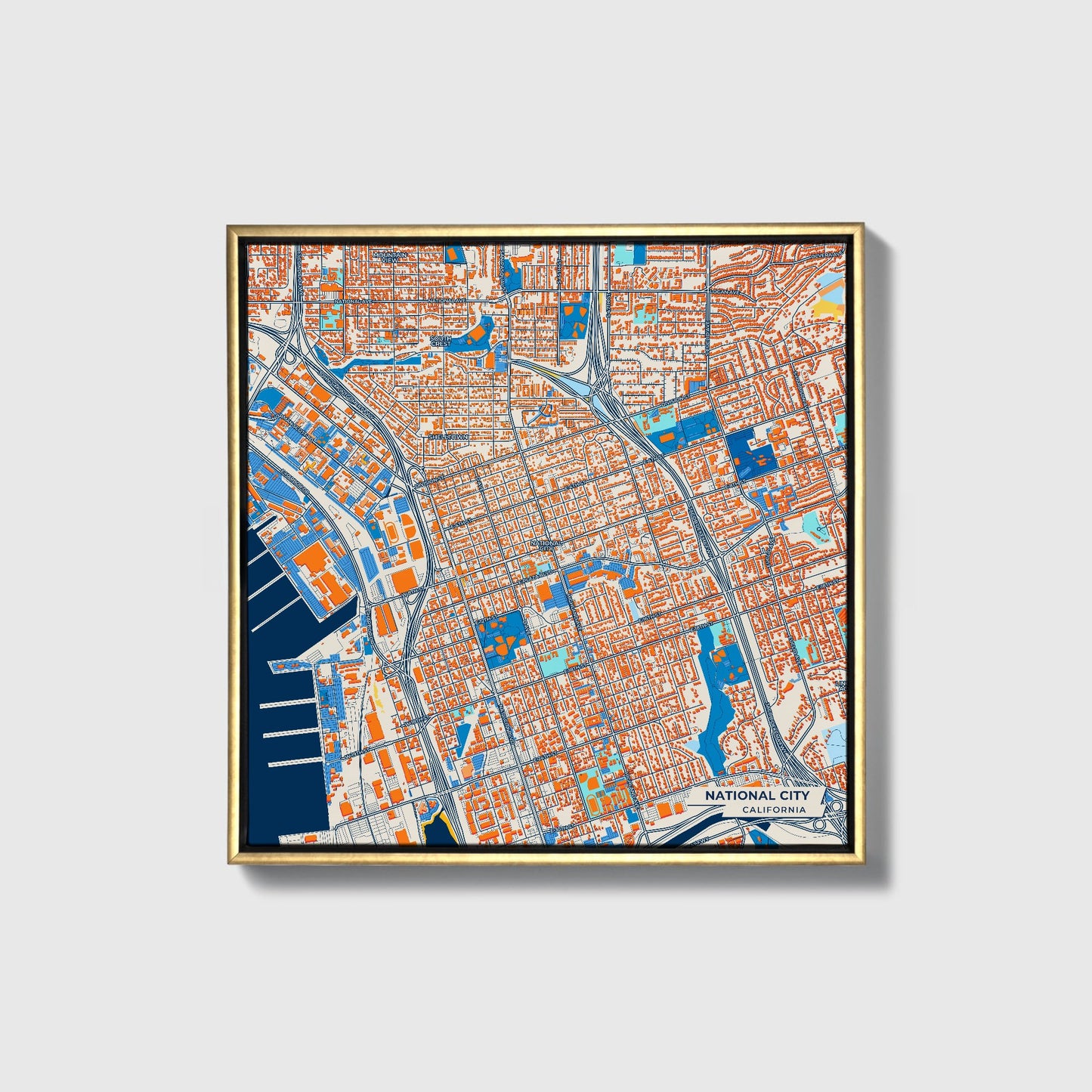 National City California Colorful City Map Canvas Print • Gold Framed