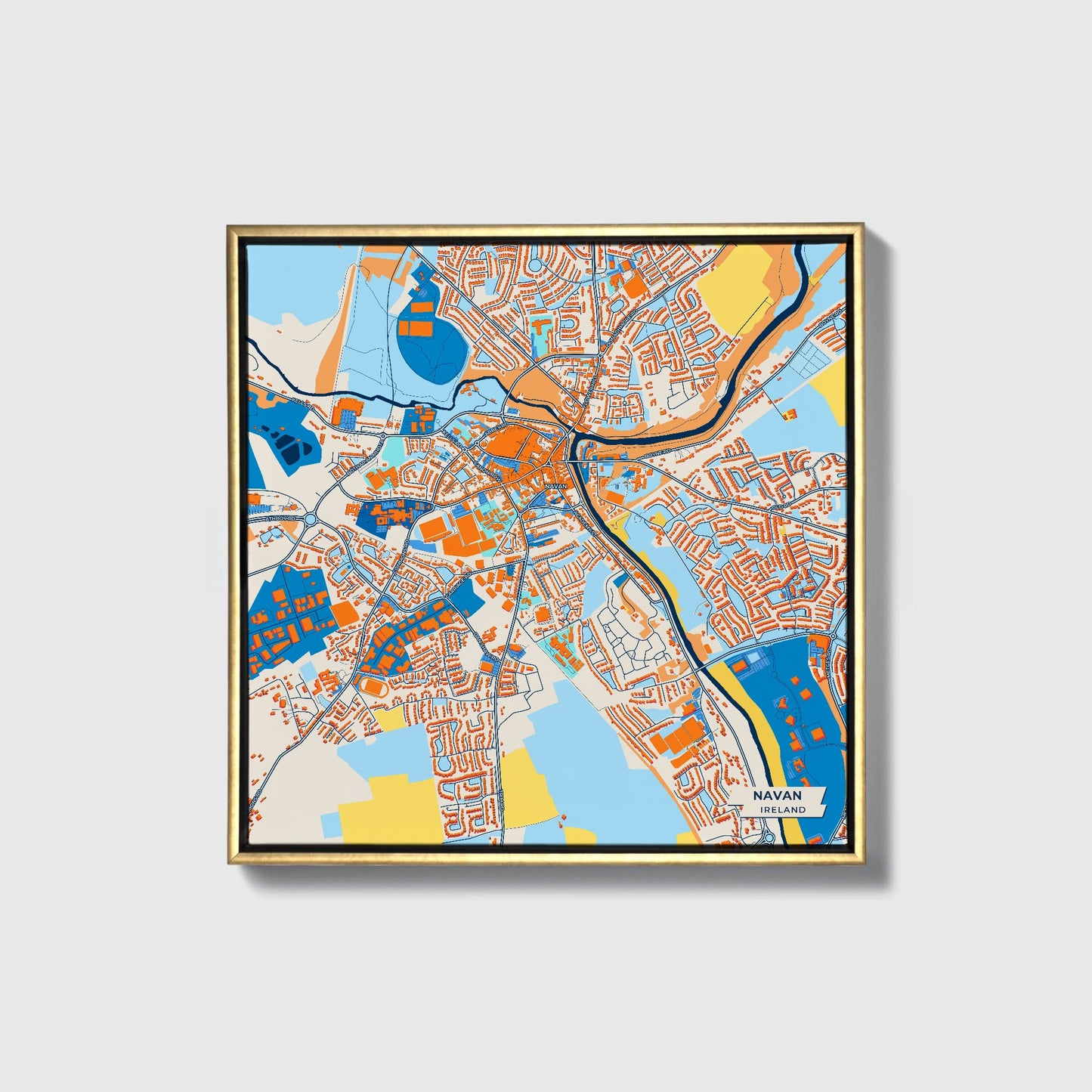 Navan Ireland Colorful City Map Canvas Print • Gold Framed