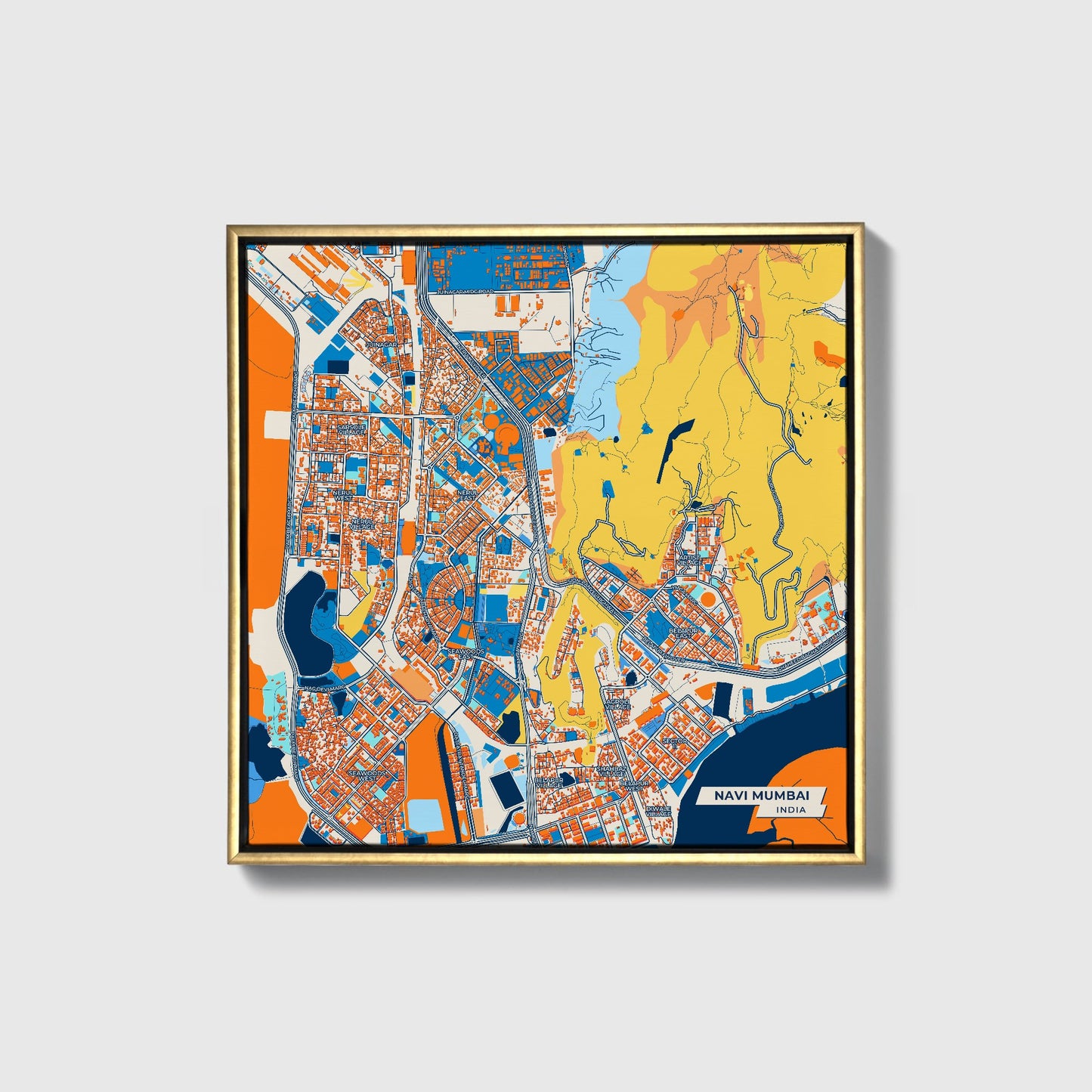 Navi Mumbai India Colorful City Map Canvas Print • Gold Framed
