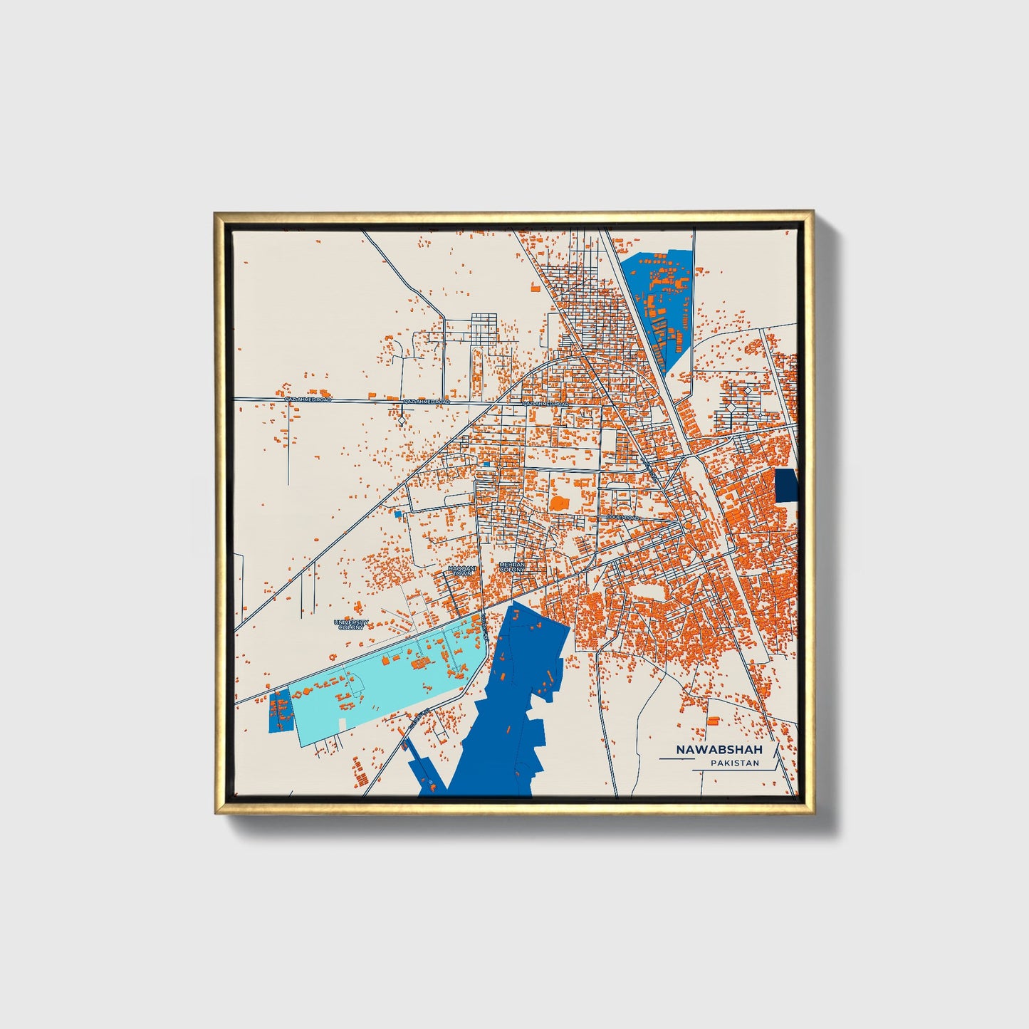 Nawabshah Pakistan Colorful City Map Canvas Print • Gold Framed